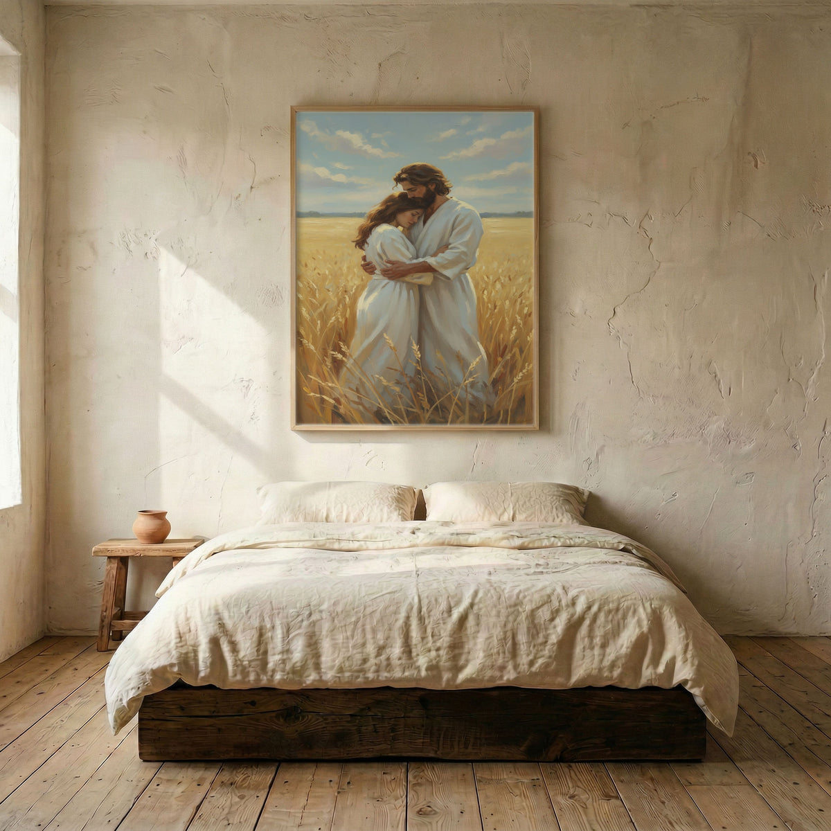 Minimalist bedroom with Jesus embracing woman canvas print above linen bed on wood plank floor