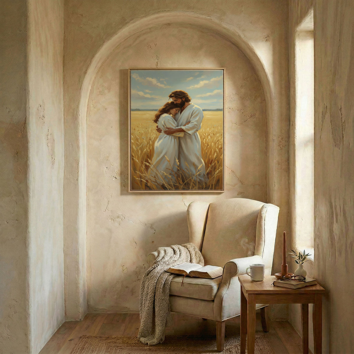 Arched reading nook with armchair and open Bible beneath Jesus embracing woman framed canvas