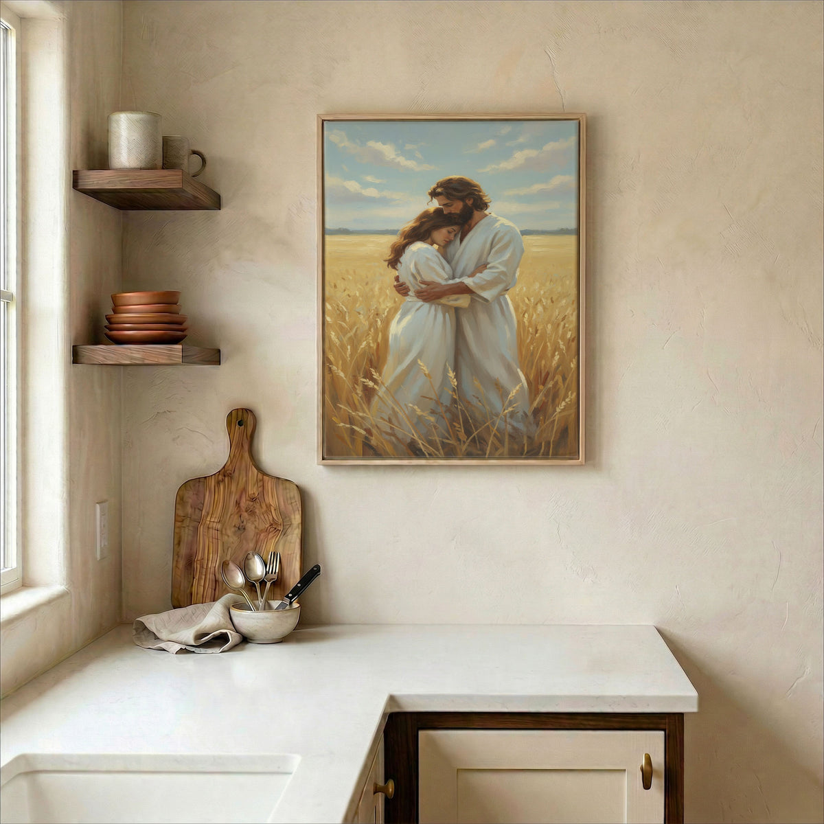 Bright kitchen wall with Jesus embracing woman canvas beside open shelves and wood cutting board 