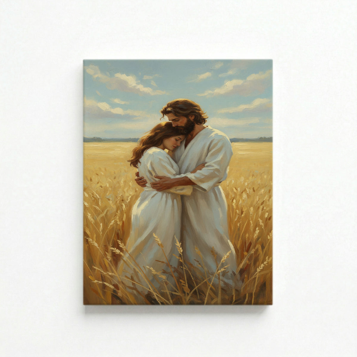 Unframed canvas print of Jesus embracing woman in golden wheat field under soft blue sky 