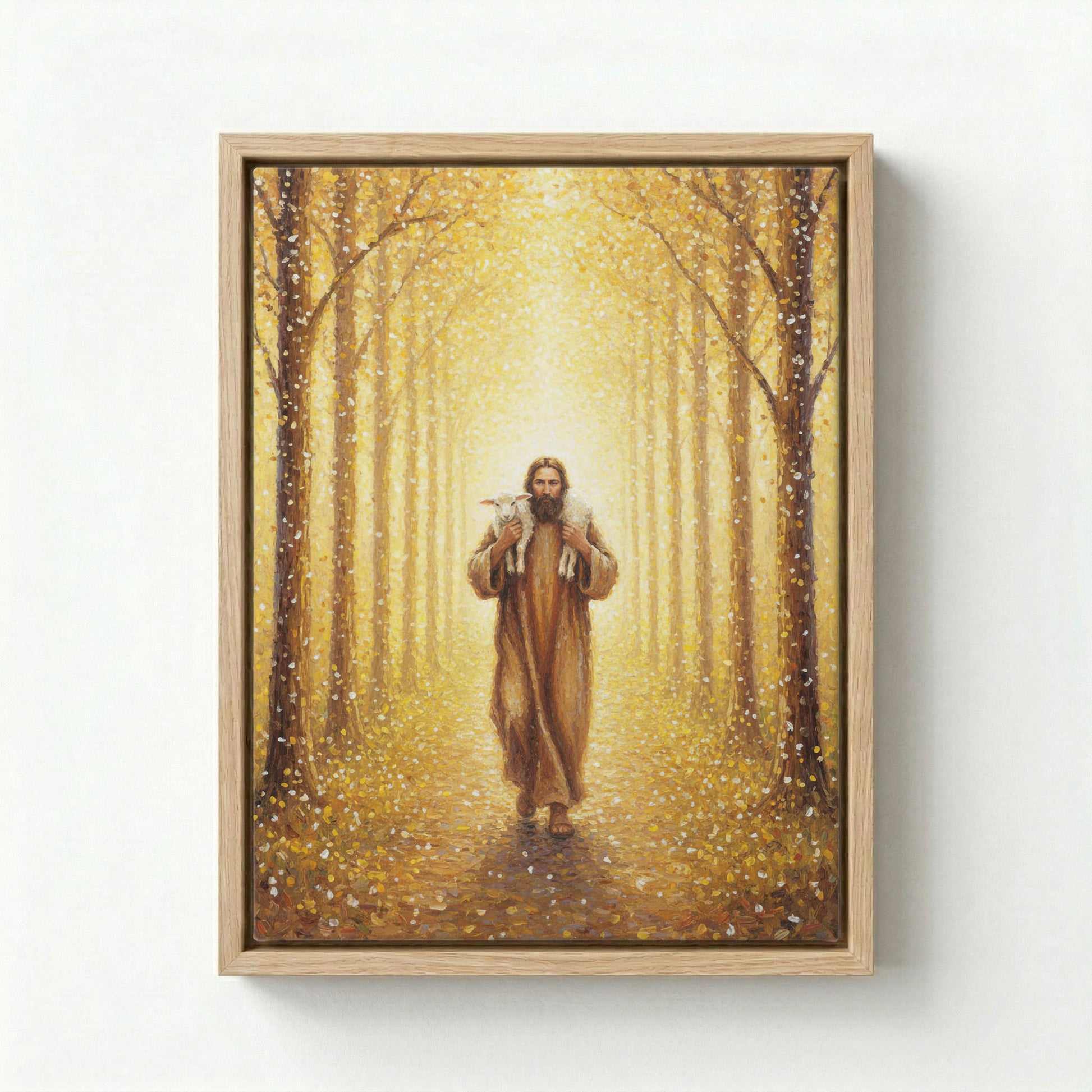 Framed canvas print of Jesus Good Shepherd carrying lamb through golden autumn tree tunnel on white background