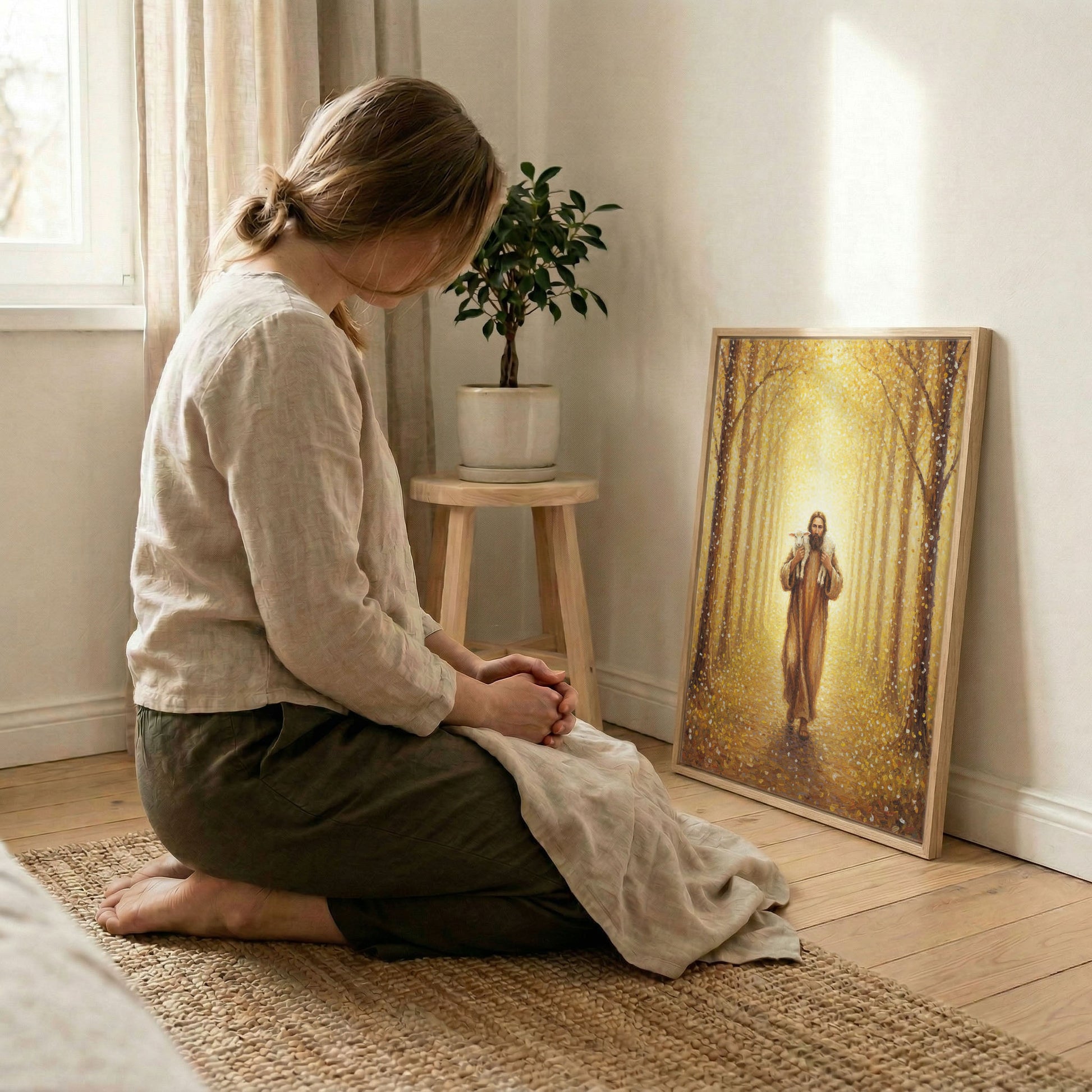 Woman kneeling in prayer beside Jesus Good Shepherd canvas print leaning against wall in bright room