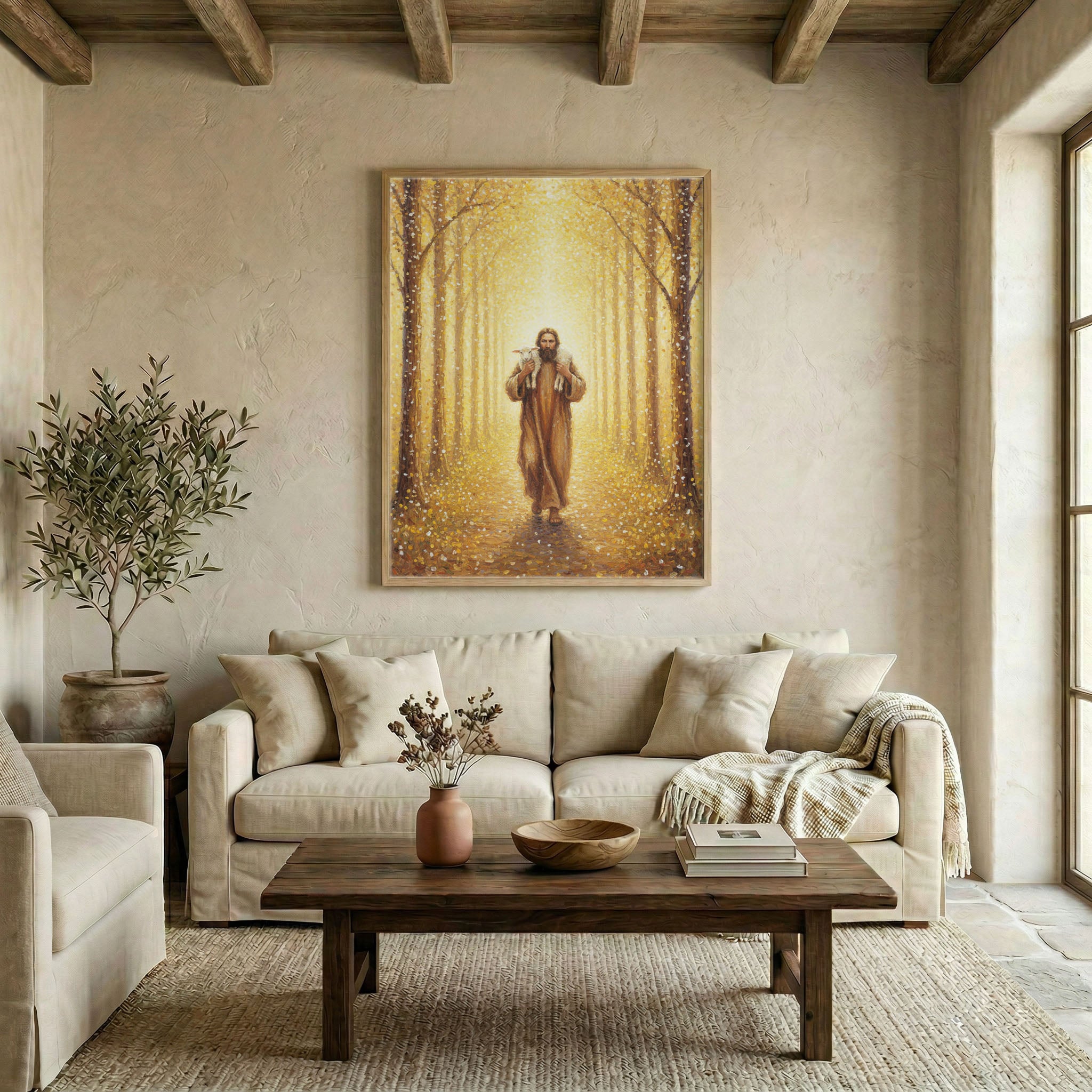 Neutral farmhouse living room with Jesus Good Shepherd oil painting canvas above linen sofa