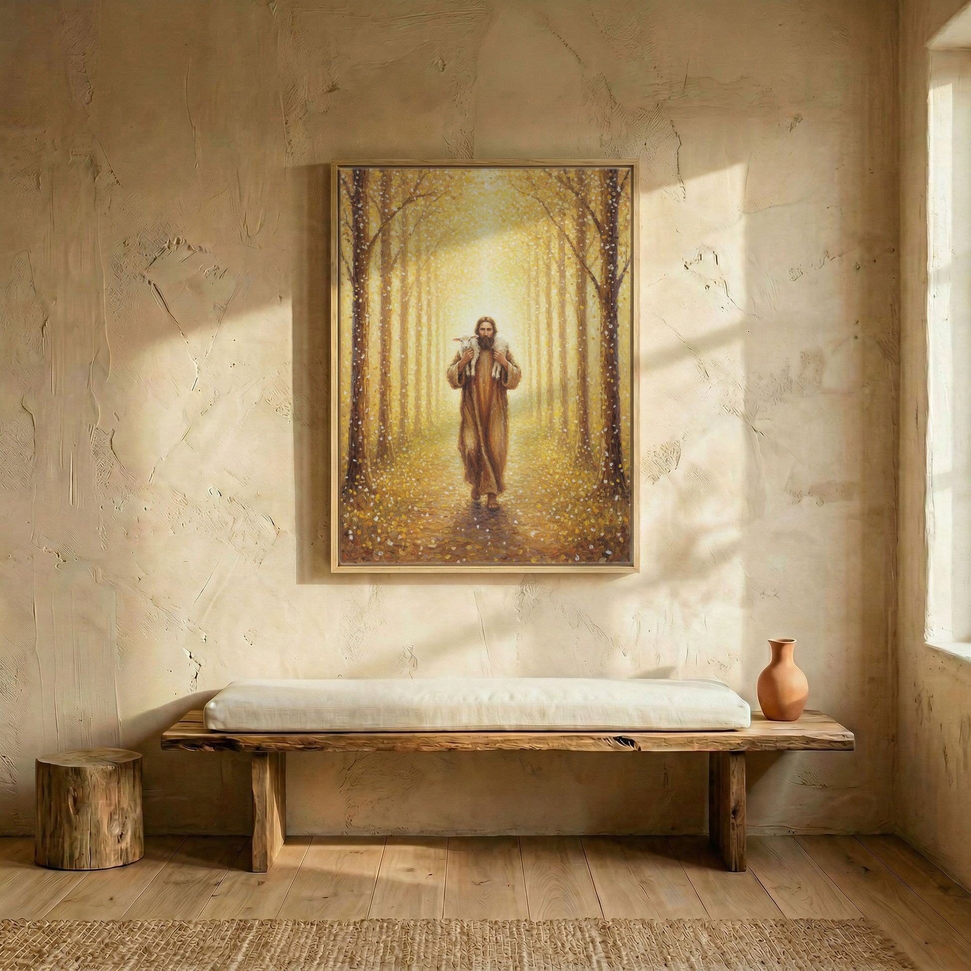 Rustic entryway with wood bench below Jesus Good Shepherd canvas print on textured plaster wall