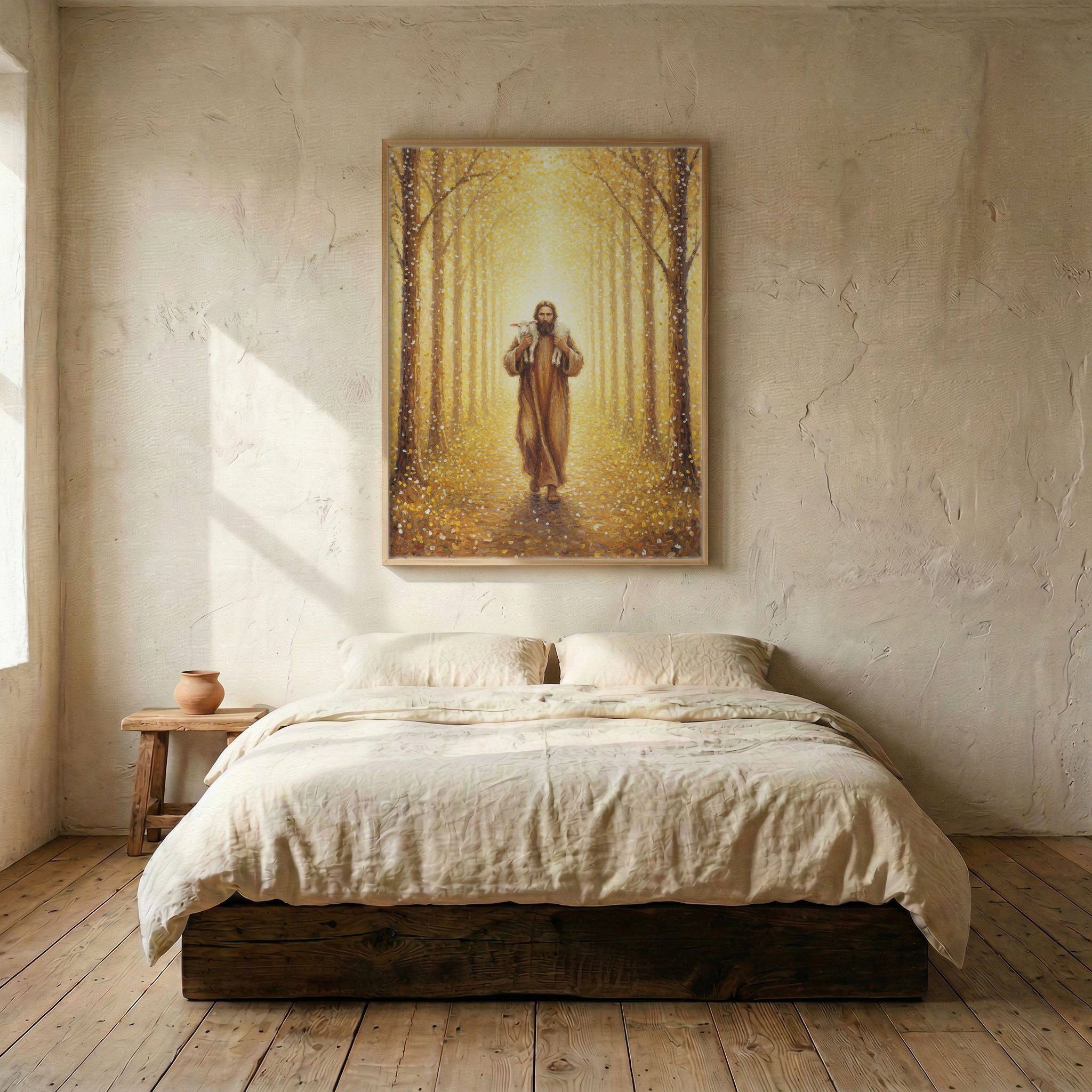 Minimalist bedroom with Jesus Good Shepherd canvas art above linen bed and wood plank floor