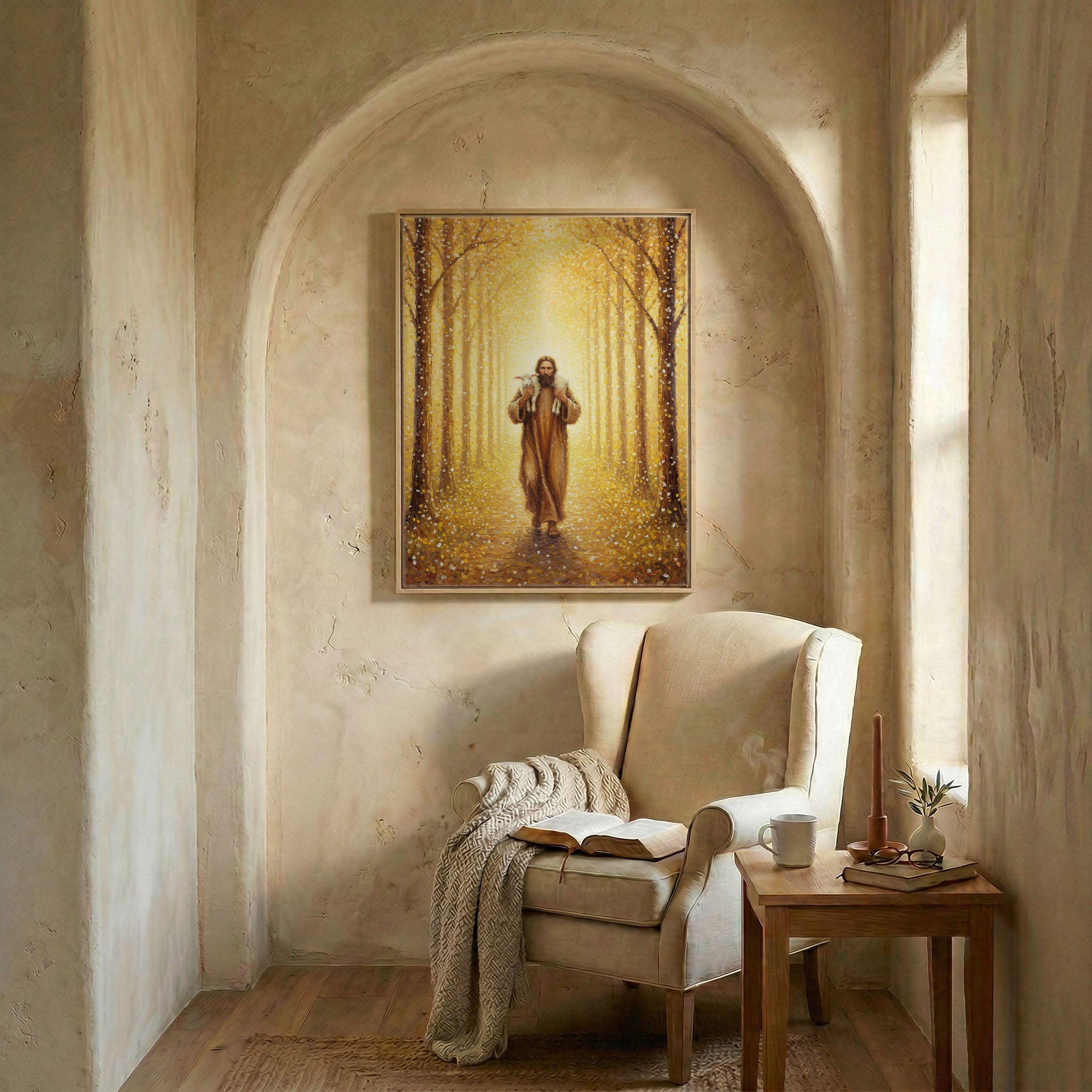 Arched reading nook with armchair and open Bible beneath Jesus Good Shepherd framed canvas print