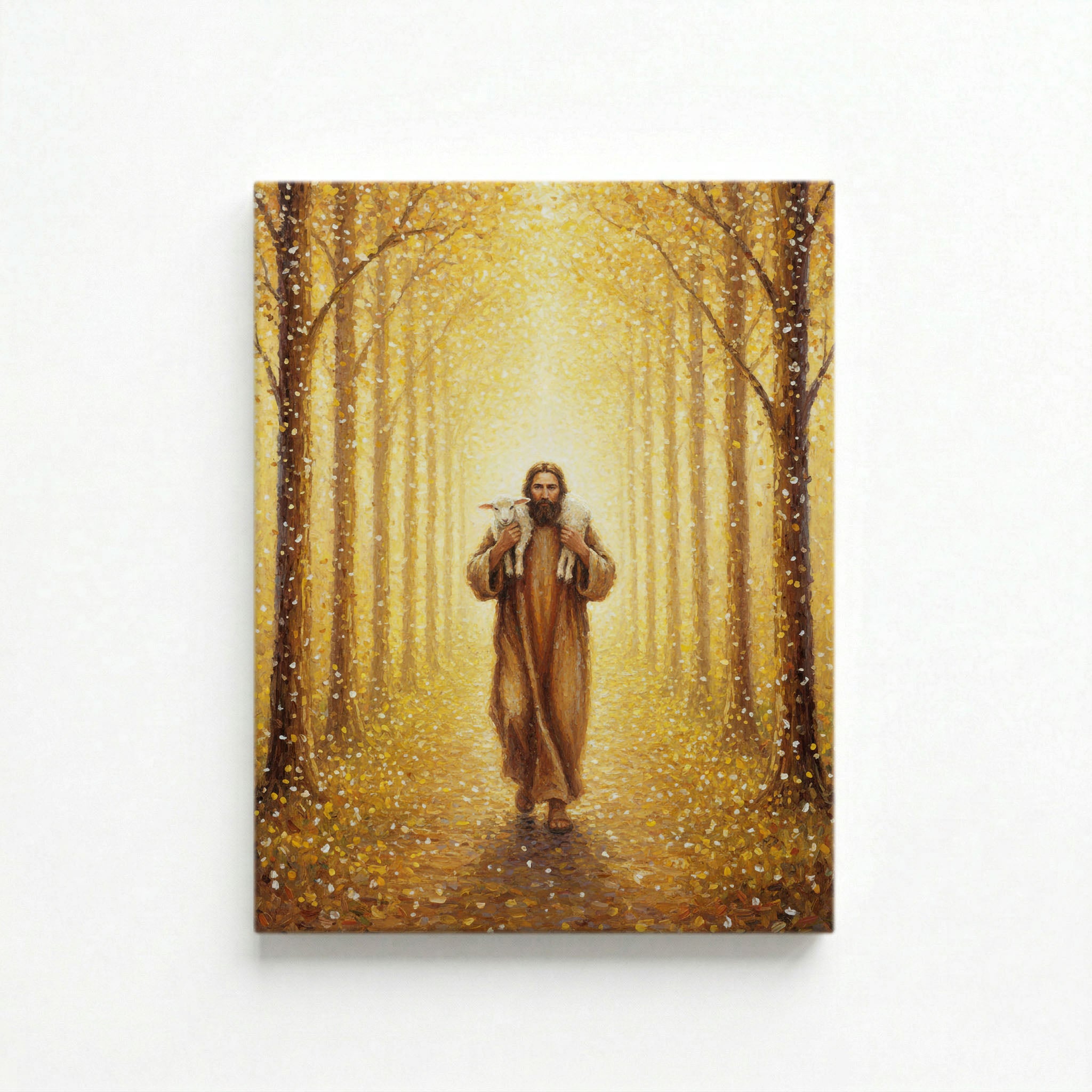 Unframed canvas print of Jesus Good Shepherd carrying lamb through golden autumn tree tunnel