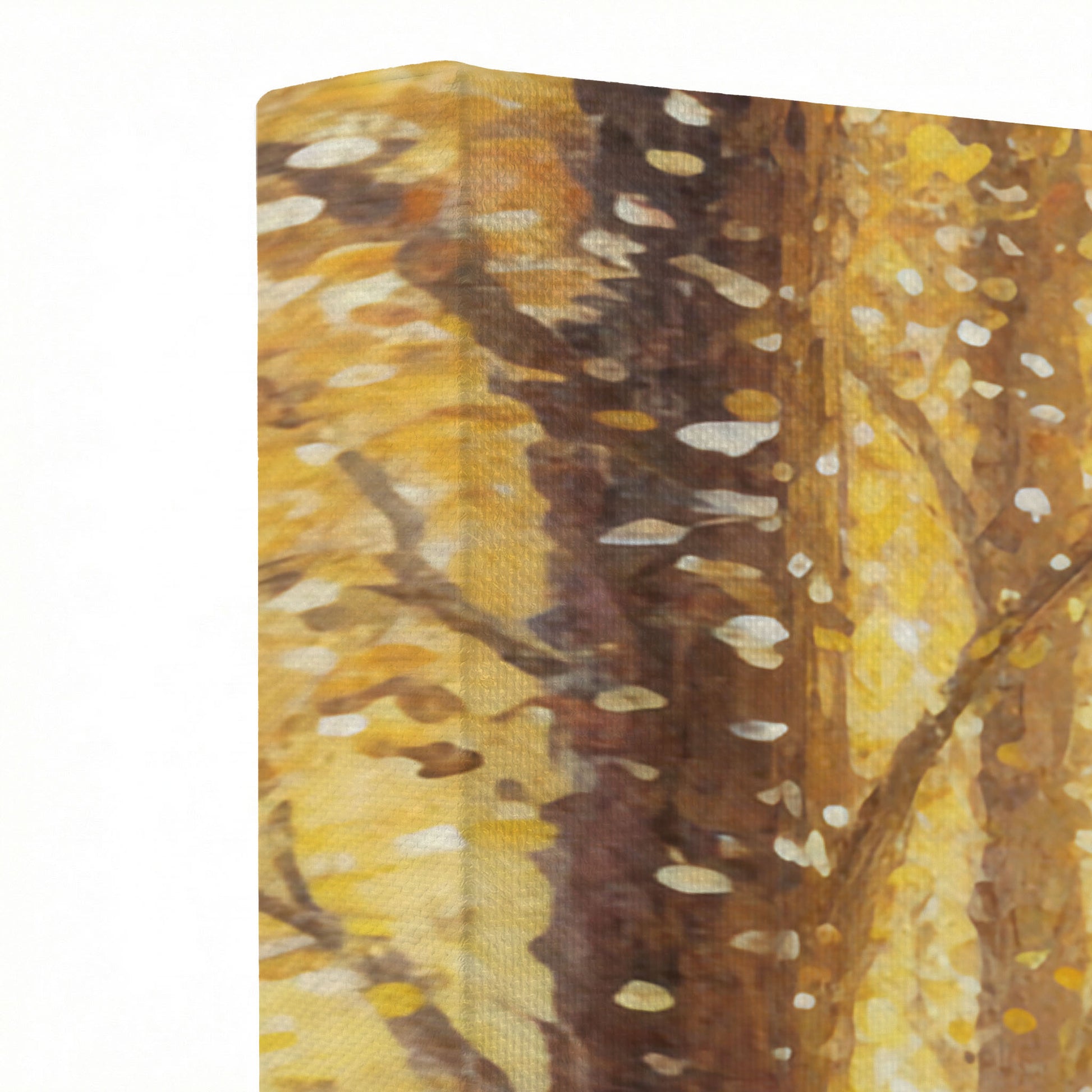 Close-up of canvas wrap edge showing oil painting texture with golden autumn tones and white specks