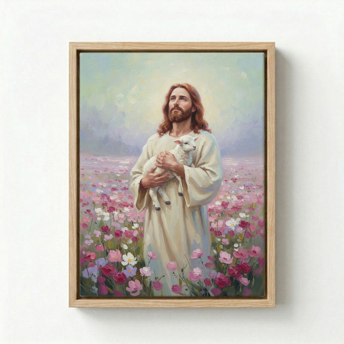 Canvas in natural wood floating frame with Jesus holding a lamb in a lush pink flower field