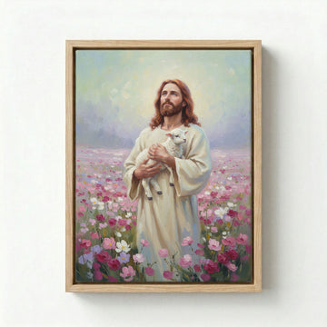 Canvas in natural wood floating frame with Jesus holding a lamb in a lush pink flower field