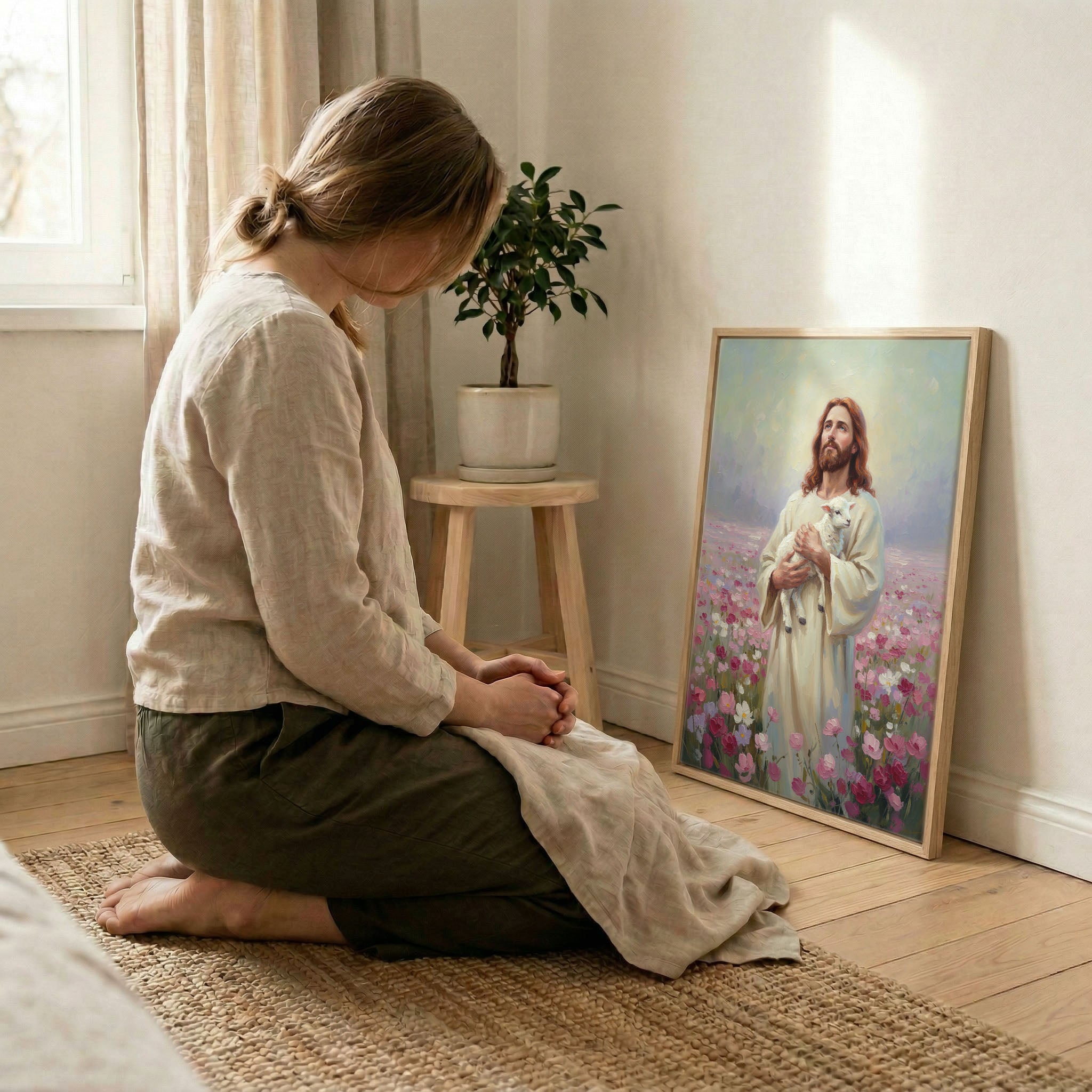 Woman kneeling in prayer beside Jesus holding lamb pink floral art in wood frame with soft light