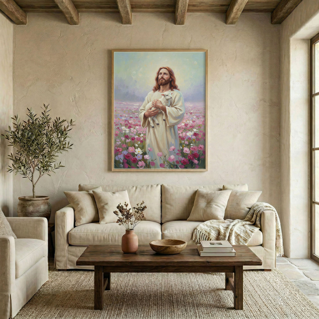 Canvas in natural wood floating frame with Jesus holding a lamb in a lush pink flower field