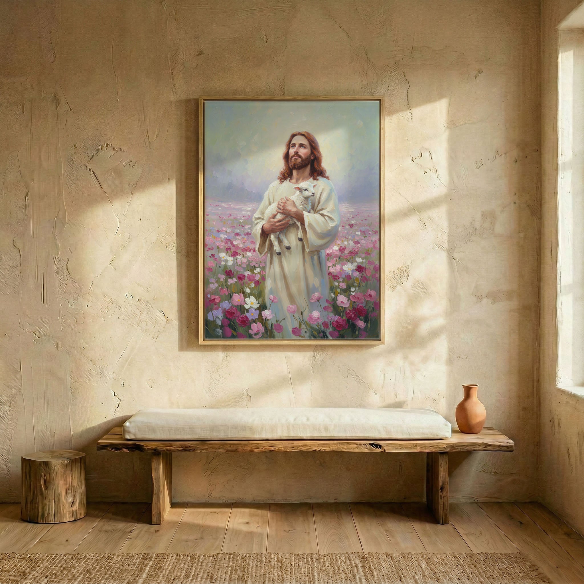 Jesus Good Shepherd oil painting canvas in wood frame above rustic wooden bench in sunlit entryway