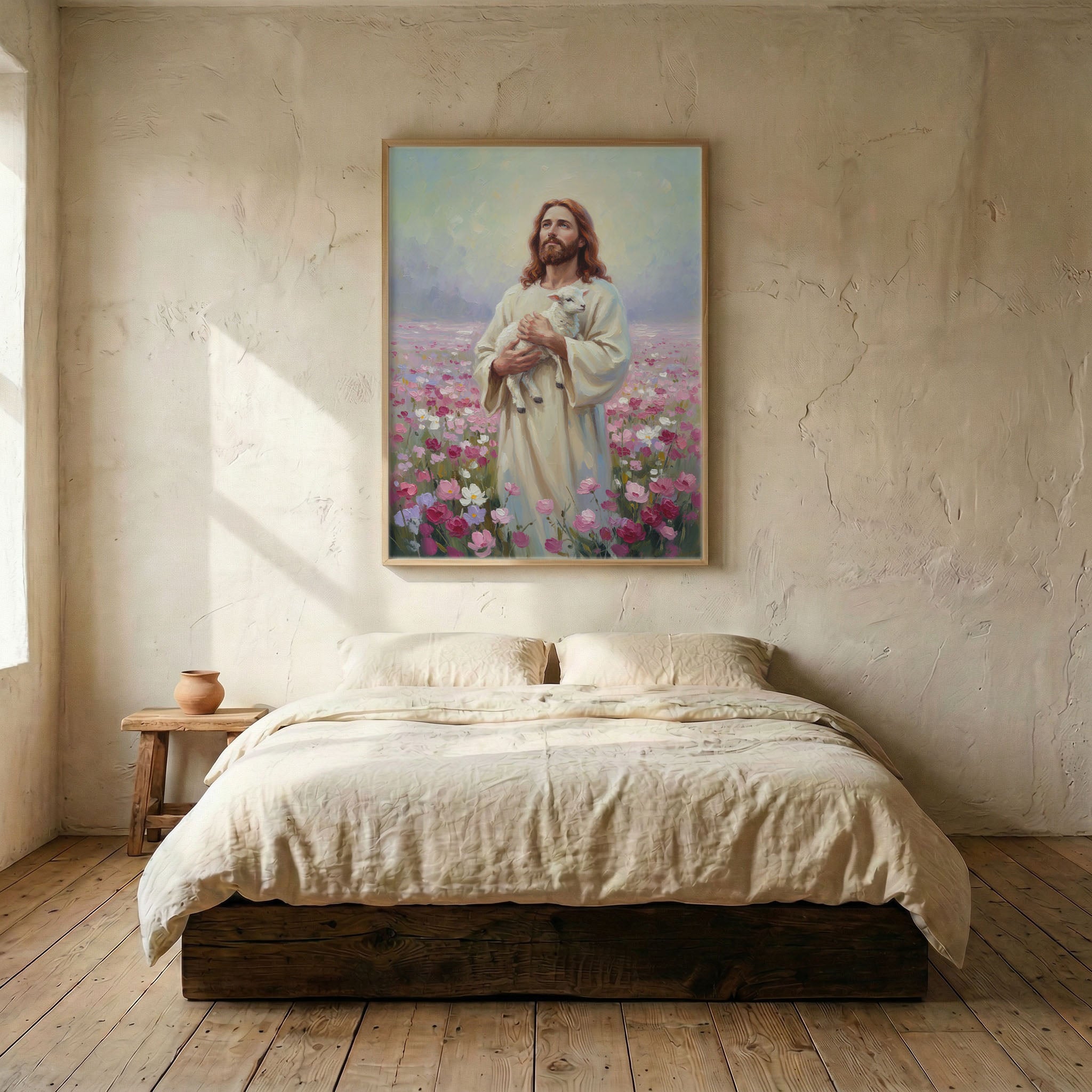 Jesus pink flower field canvas in wood frame mounted above linen platform bed in serene bedroom
