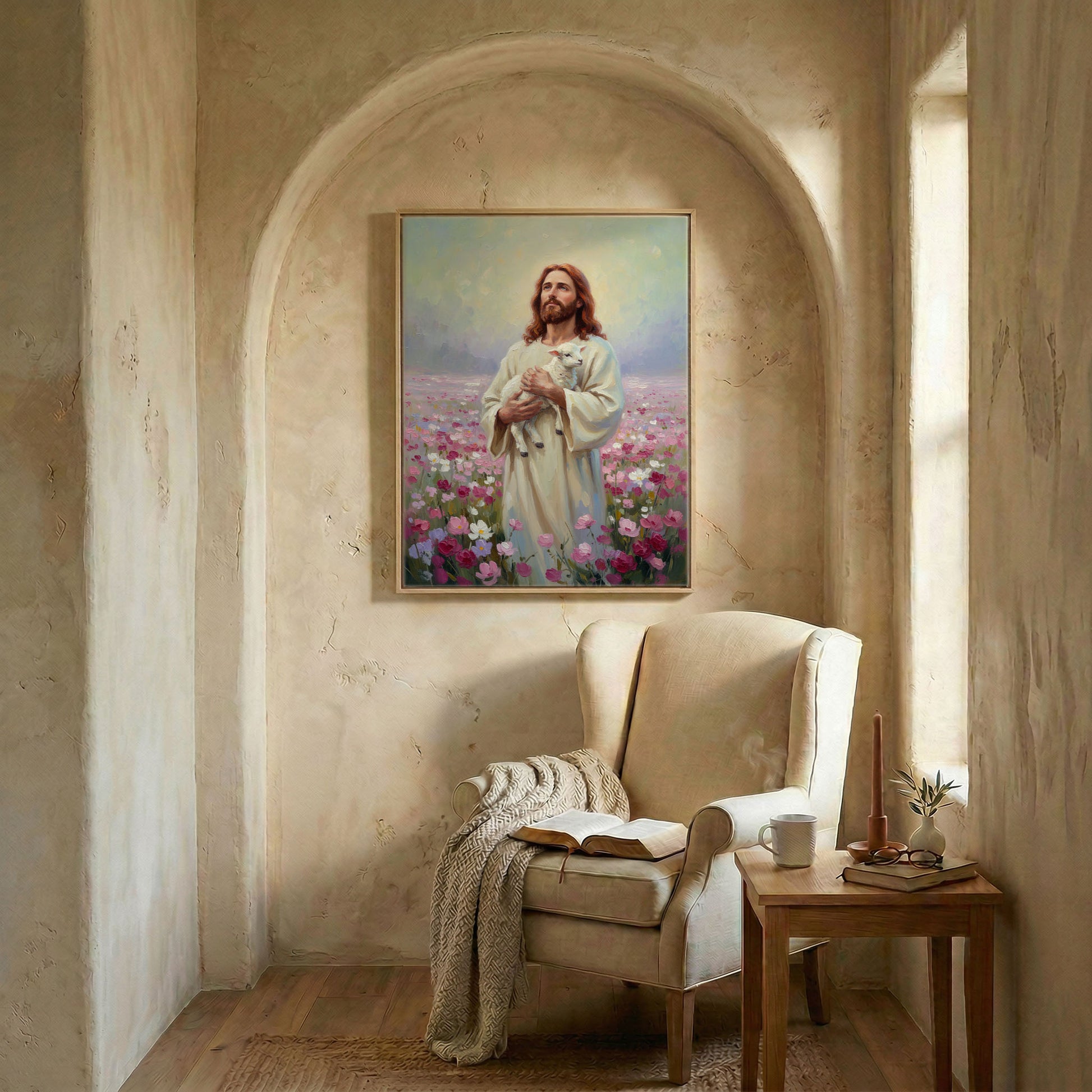 Jesus and lamb art in wood frame in arched alcove above wingback chair with open Bible and candle