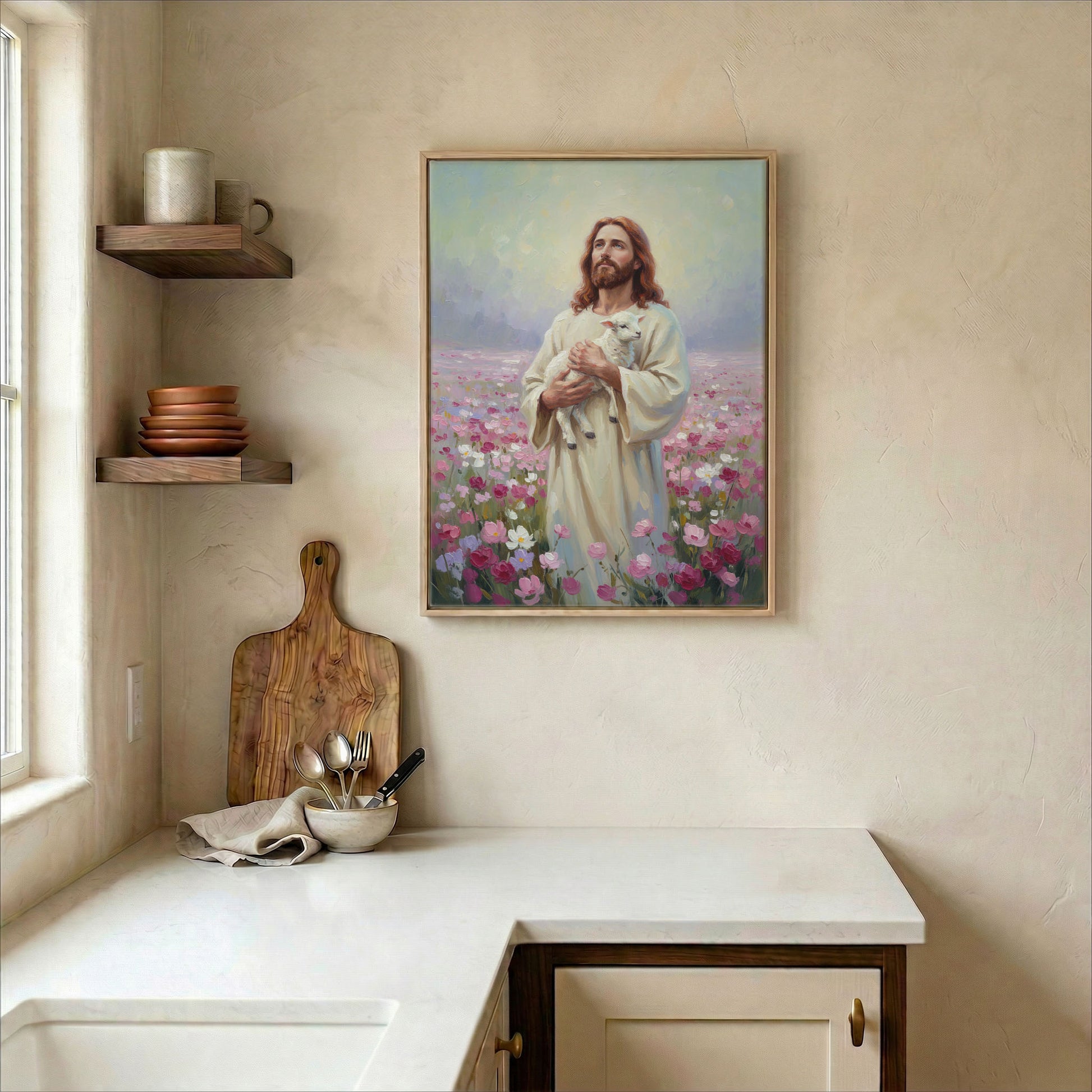 Jesus Good Shepherd canvas in wood frame on kitchen wall in warm neutral farmhouse interior