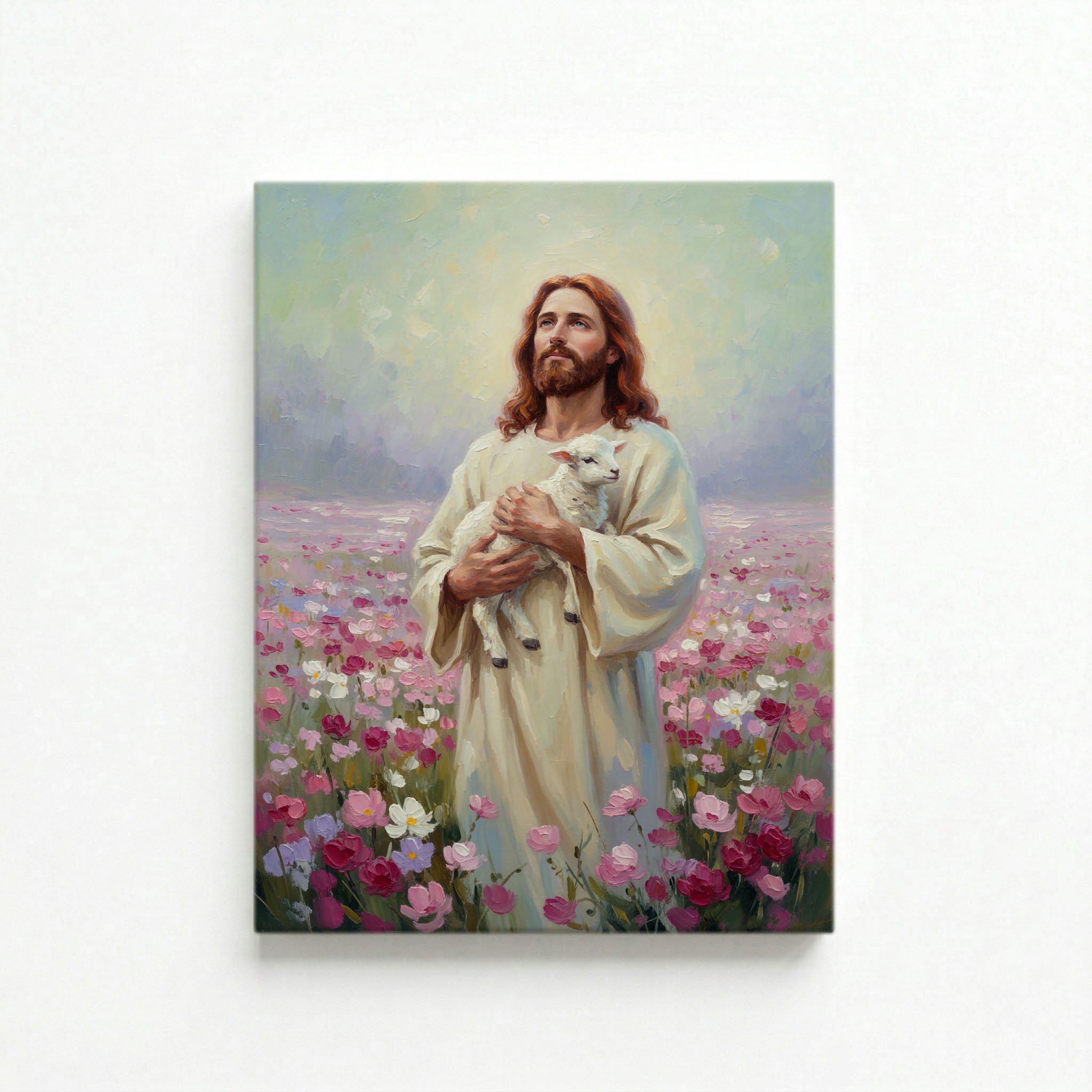 Vertical canvas of Jesus the Good Shepherd holding a lamb in pink flowers on a white background