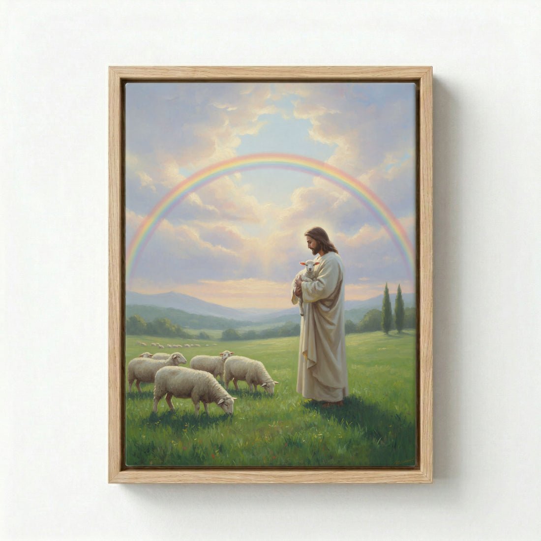 Canvas in natural wood floating frame with Jesus holding a lamb in a vibrant rainbow meadow