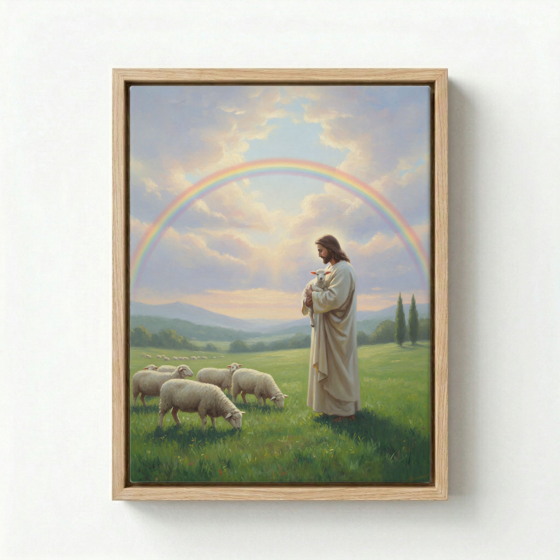 Canvas in natural wood floating frame with Jesus holding a lamb in a vibrant rainbow meadow