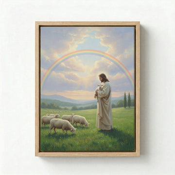 Canvas in natural wood floating frame with Jesus holding a lamb in a vibrant rainbow meadow