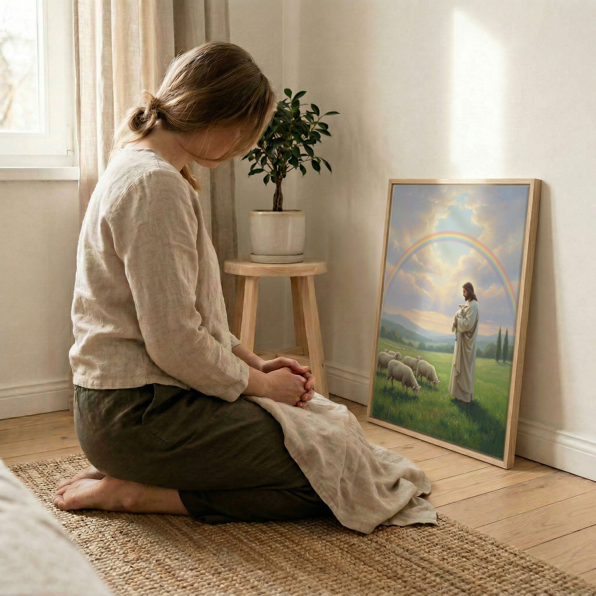 Woman kneeling in prayer beside Jesus holding lamb rainbow canvas in wood frame with soft light