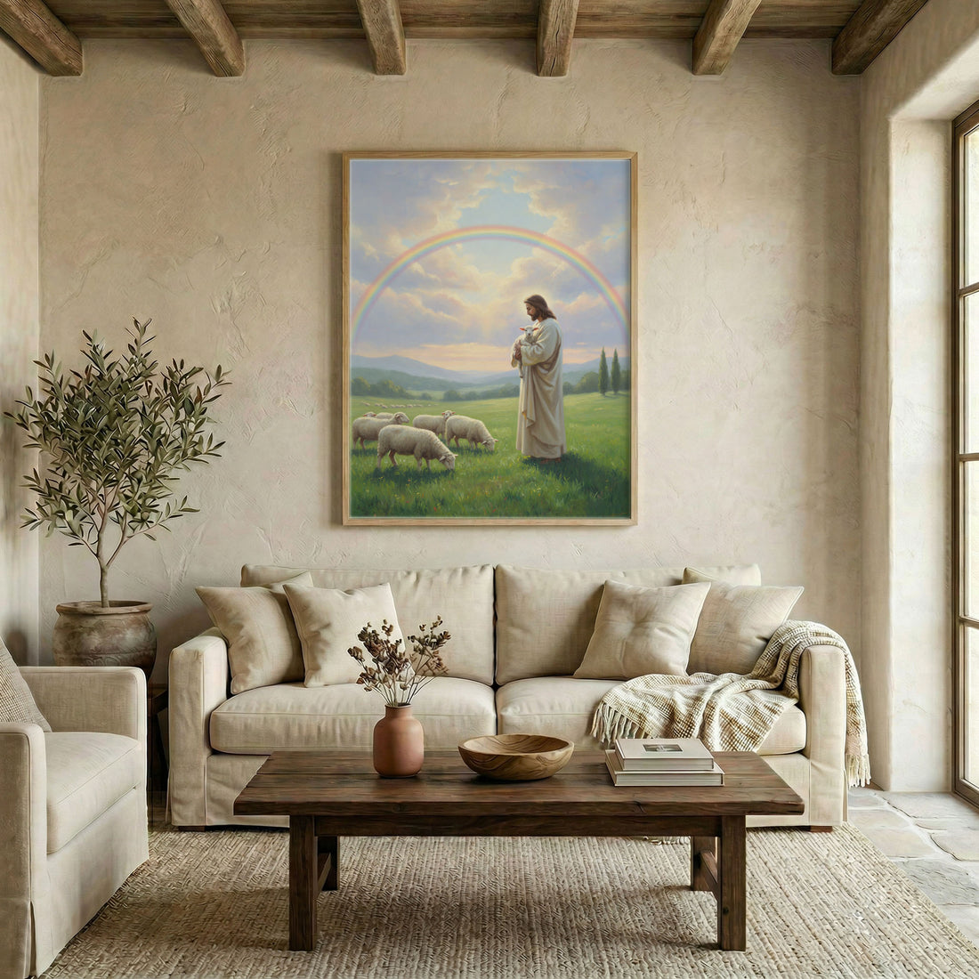 Canvas in natural wood floating frame with Jesus holding a lamb in a vibrant rainbow meadow