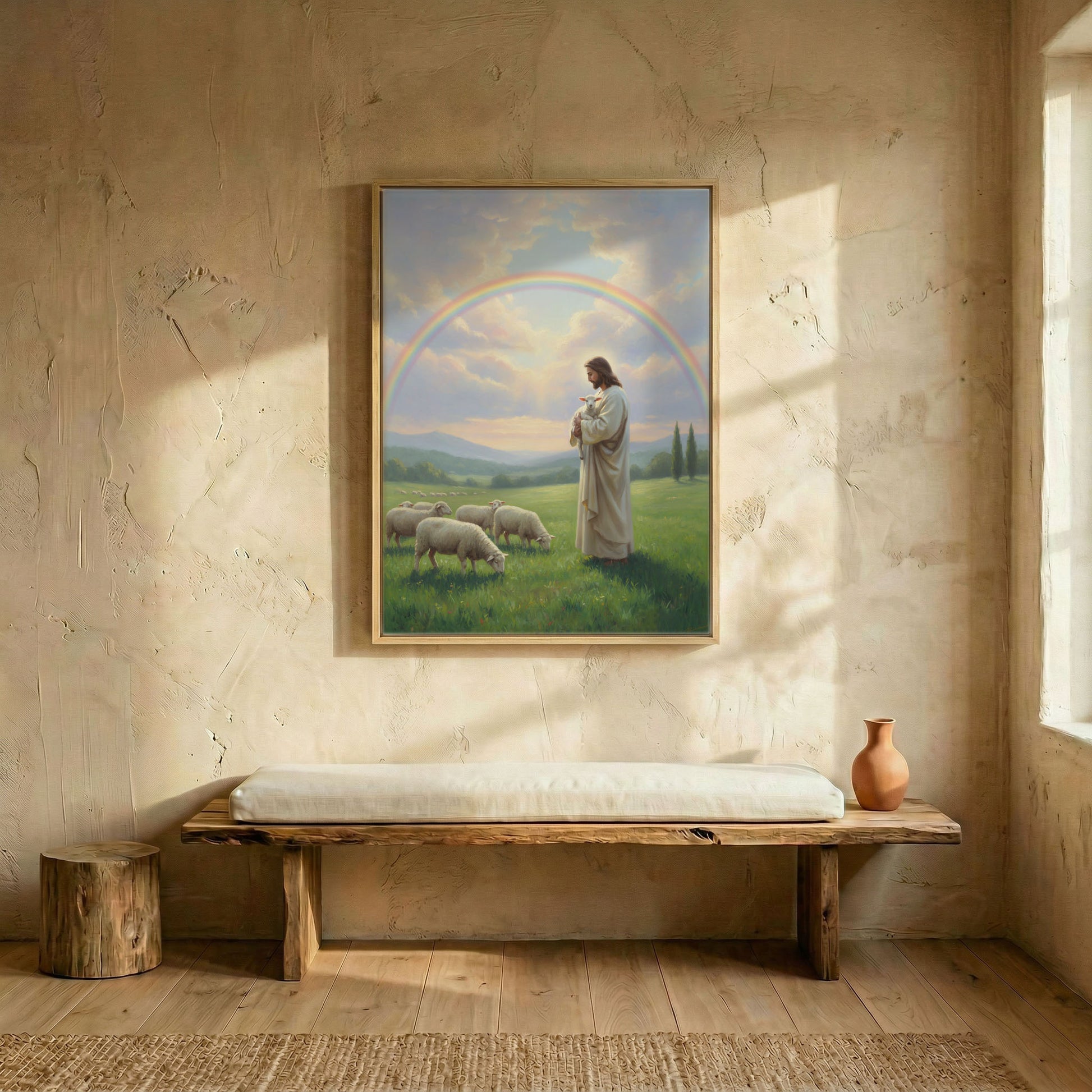 Jesus Good Shepherd oil painting canvas in wood frame above rustic wooden bench in sunlit entryway