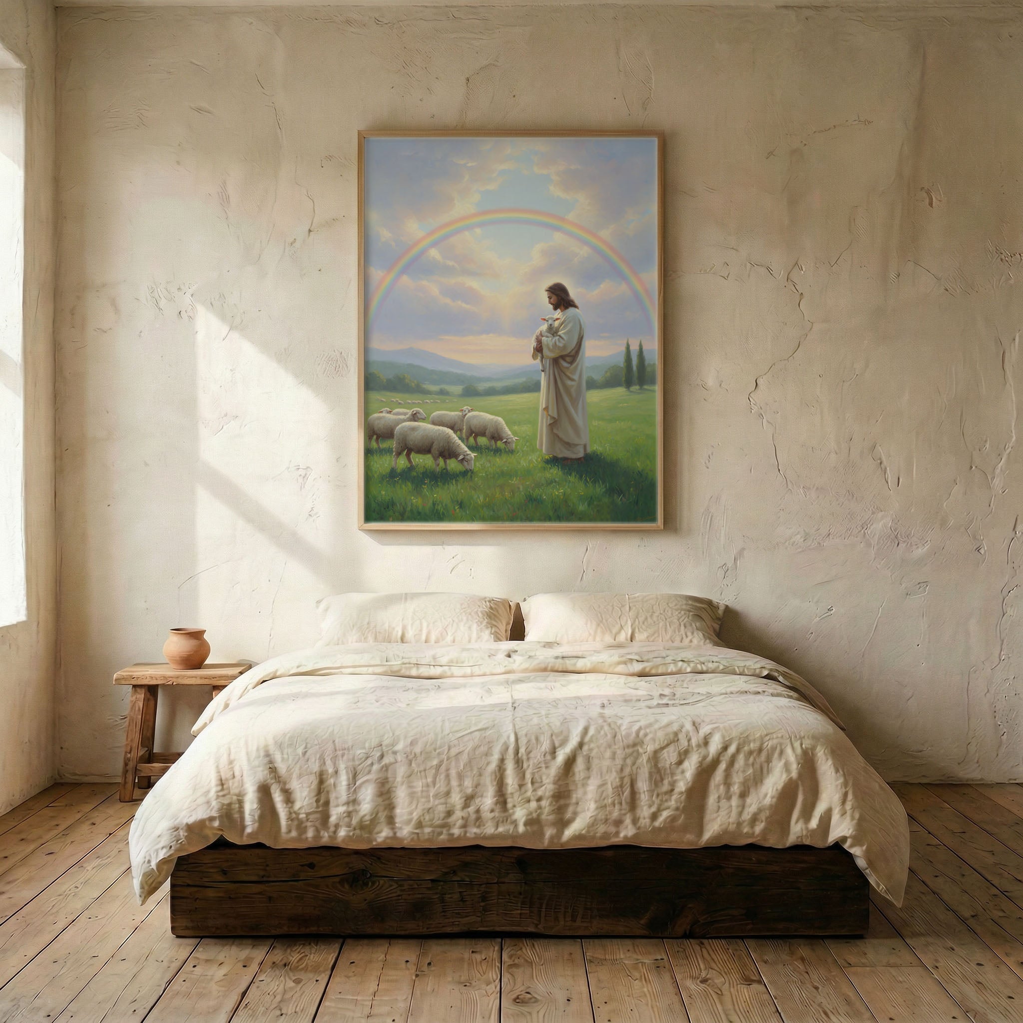 Jesus rainbow meadow canvas in wood frame mounted above linen platform bed in serene bedroom
