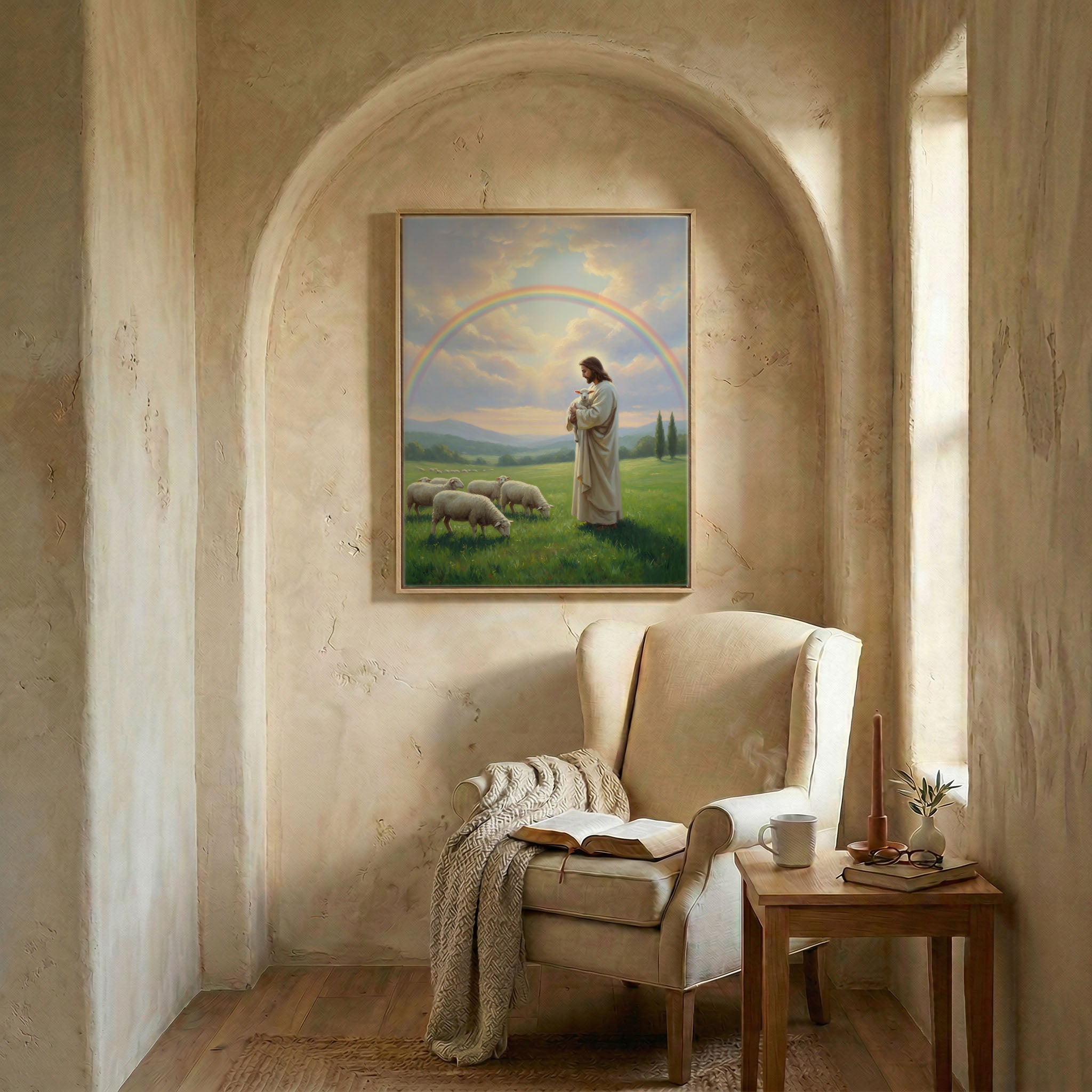 Jesus and lamb art in wood frame in arched alcove above wingback chair with open Bible and candle