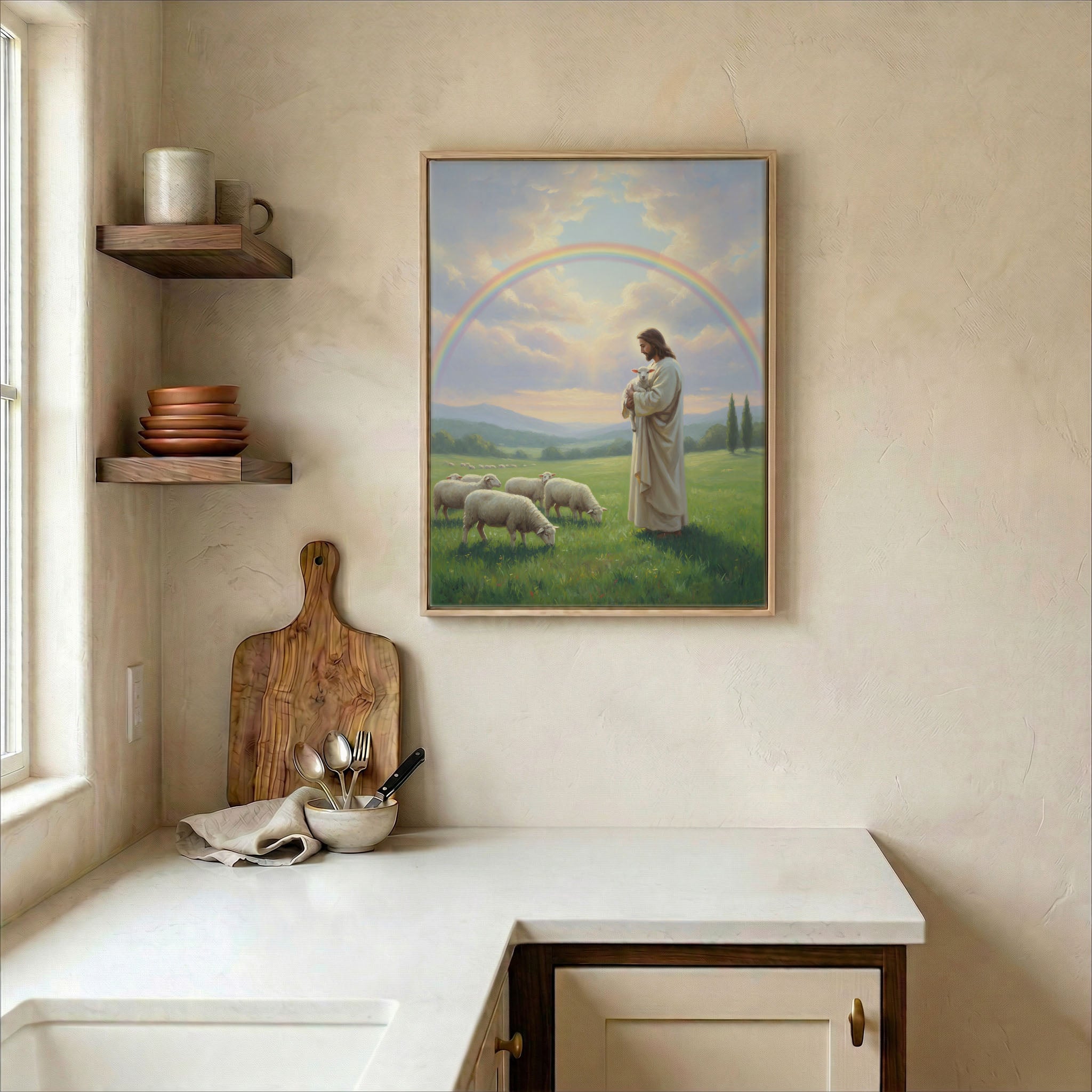 Jesus Good Shepherd canvas in wood frame on kitchen wall in warm neutral farmhouse interior