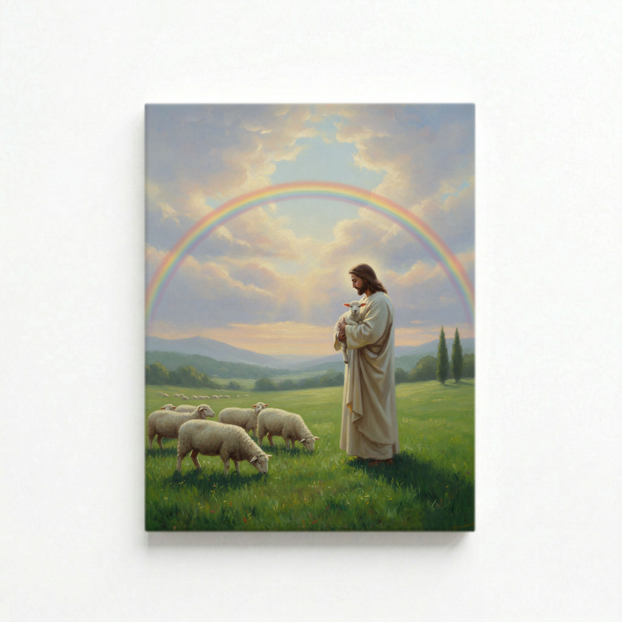 Vertical canvas of Jesus the Good Shepherd holding a lamb in a rainbow meadow on white background