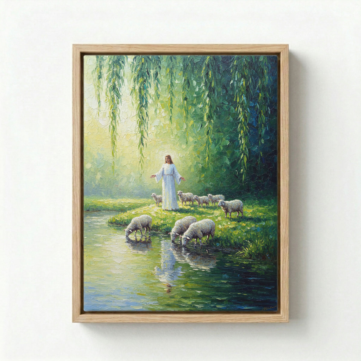 Canvas in natural wood floating frame with Jesus leading sheep by still waters under a willow