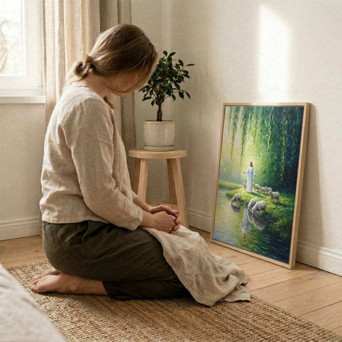 Woman kneeling in prayer beside Jesus Good Shepherd still waters canvas with soft natural light