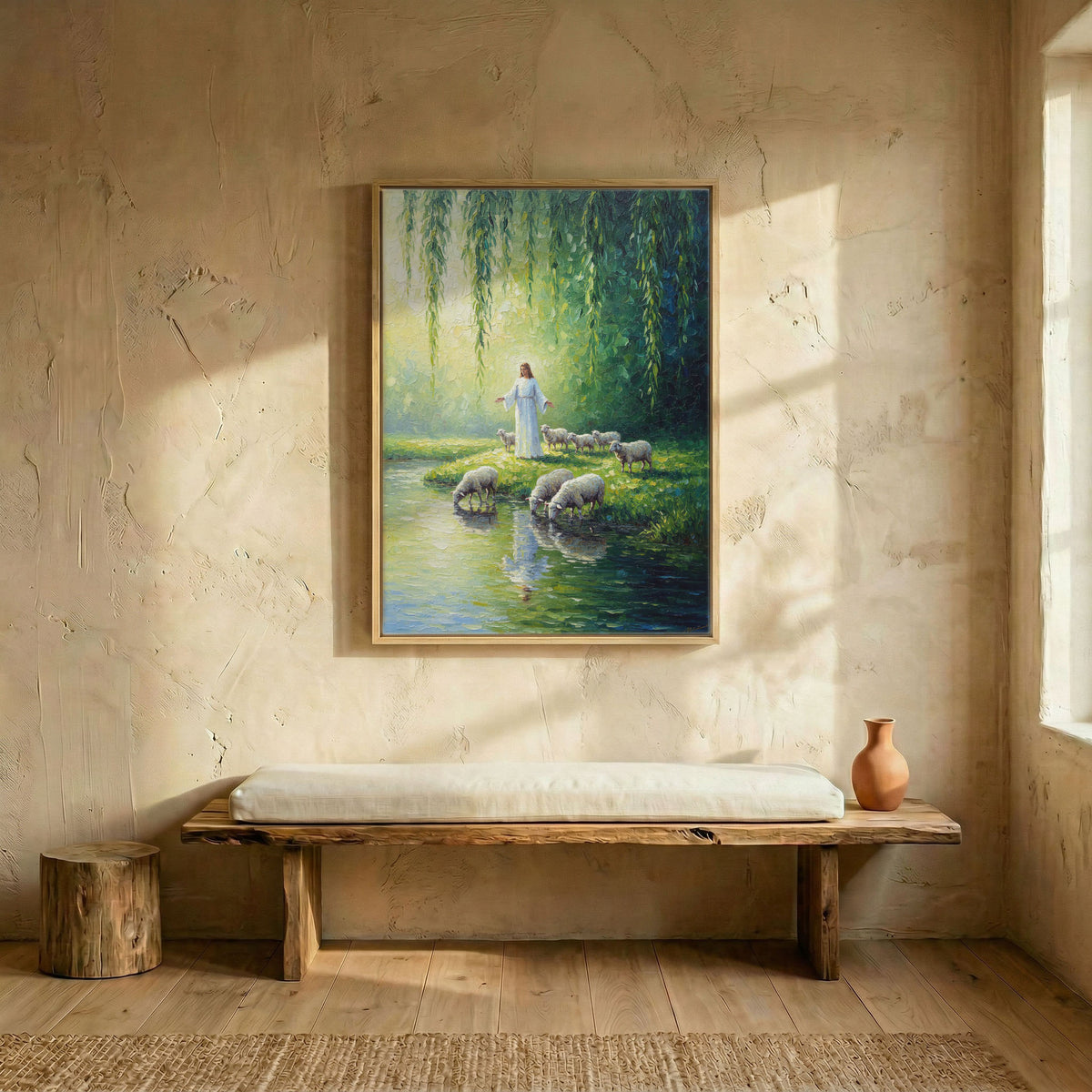 Jesus Good Shepherd oil painting canvas in wood frame above rustic wooden bench in sunlit entryway