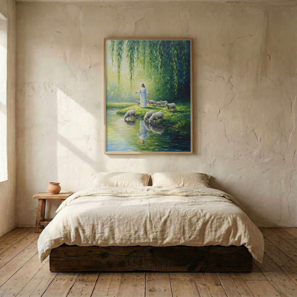 Jesus Psalm 23 wall art canvas in wood frame mounted above linen platform bed in serene bedroom
