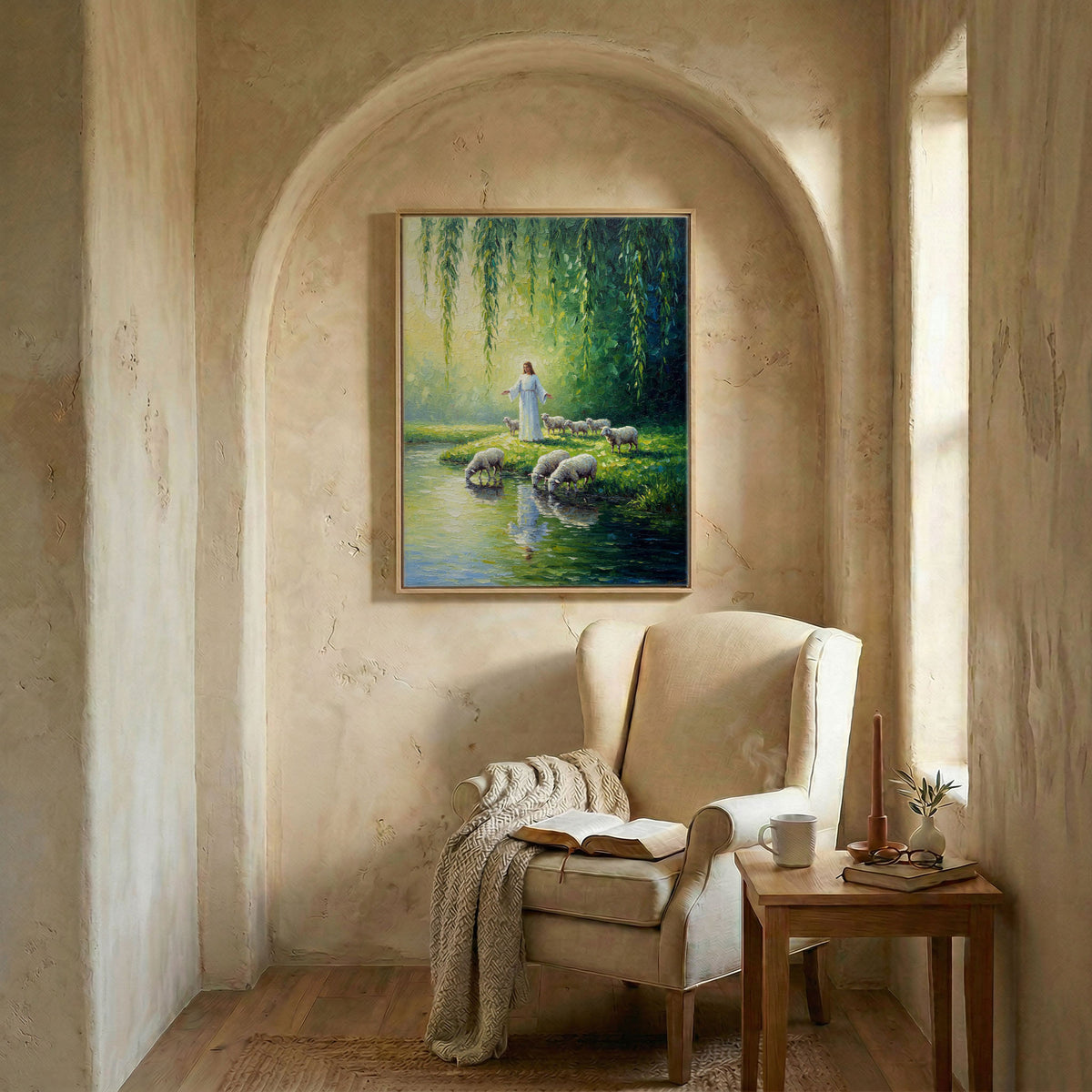 Jesus and flock art in wood frame in arched alcove above wingback chair with open Bible and candle