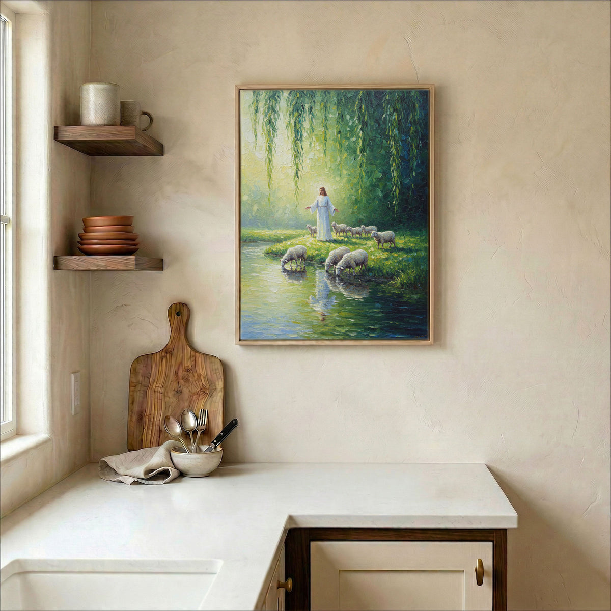 Jesus Good Shepherd canvas in wood frame on kitchen wall in warm neutral farmhouse interior