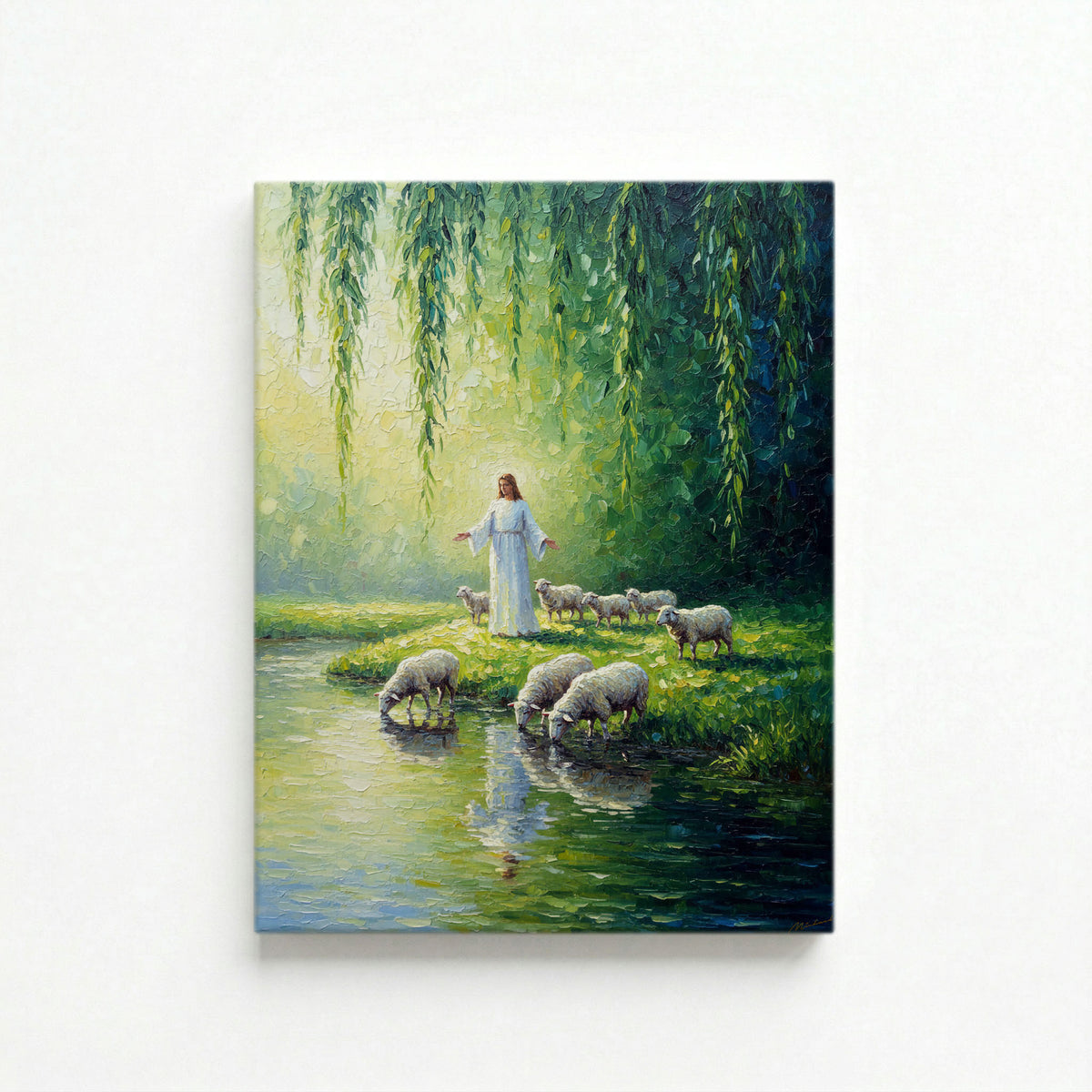 Vertical canvas of Jesus leading sheep by still waters and willow tree on a white background