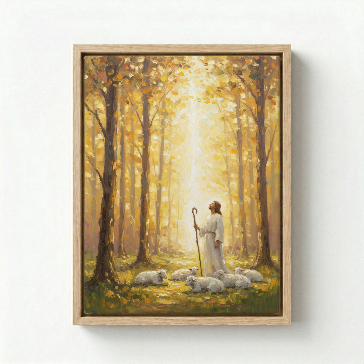 Canvas in natural wood floating frame with Jesus the Good Shepherd in a sunlit golden autumn forest