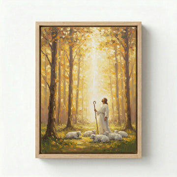 Canvas in natural wood floating frame with Jesus the Good Shepherd in a sunlit golden autumn forest