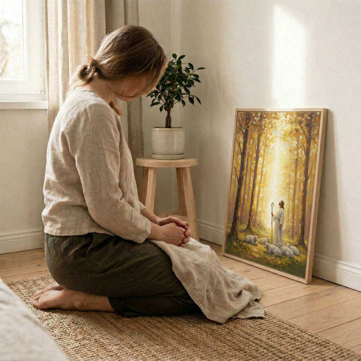 Woman kneeling in prayer beside Jesus Good Shepherd autumn art in wood frame with soft natural light