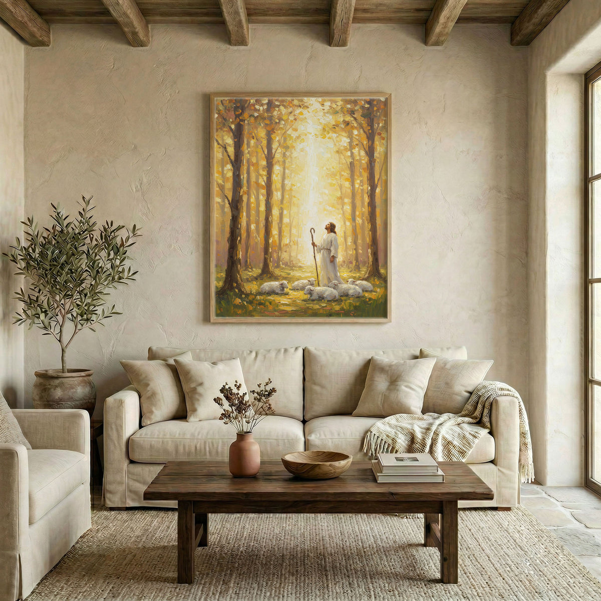 Large Jesus and sheep in golden forest canvas in wood frame above linen sofa in warm living room
