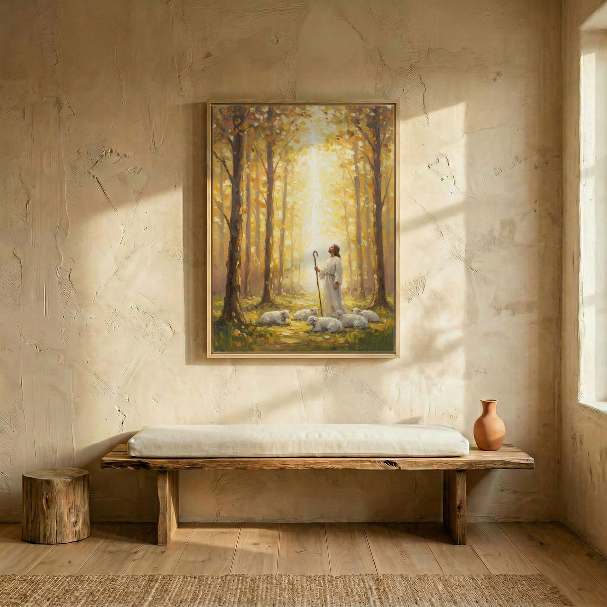 Jesus Good Shepherd oil painting canvas in wood frame above rustic wooden bench in sunlit entryway