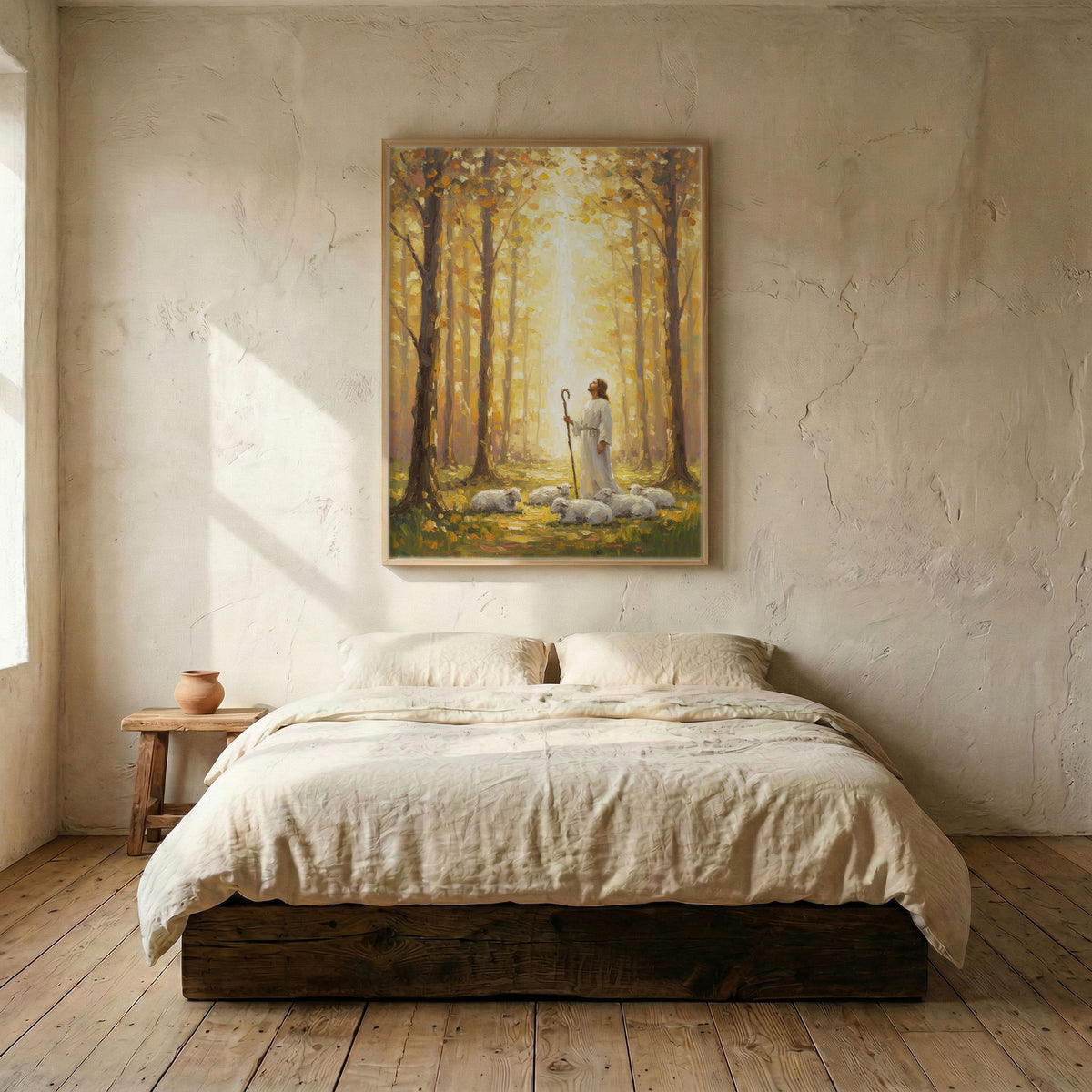 Jesus autumn forest canvas in wood frame mounted above linen platform bed in serene bedroom