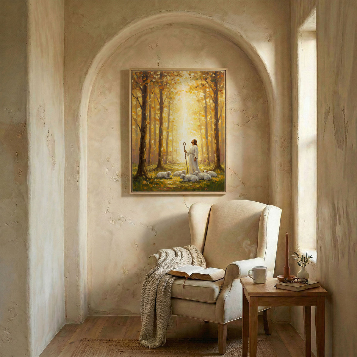 Jesus and flock art in wood frame in arched alcove above wingback chair with open Bible and candle