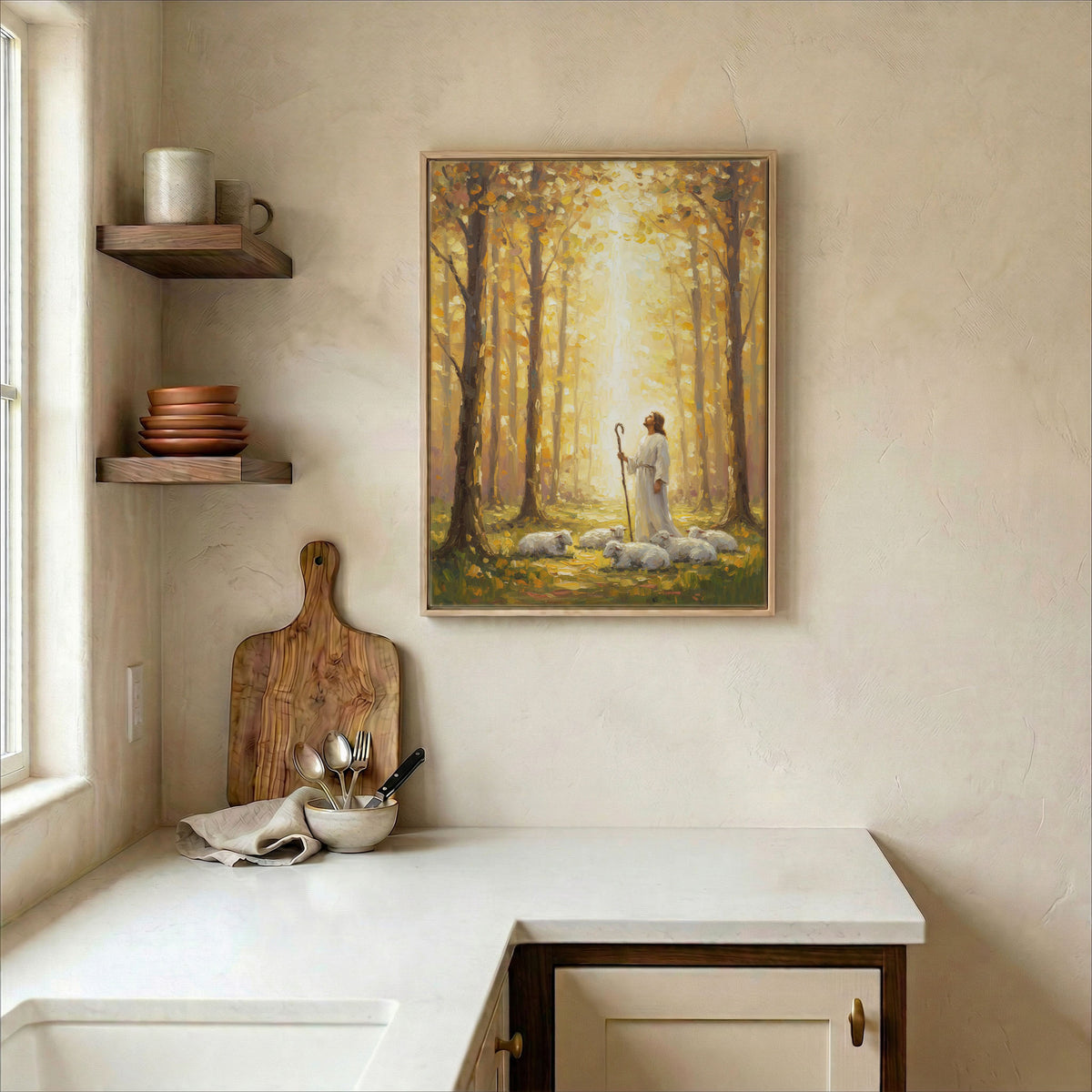 Jesus Good Shepherd canvas in wood frame on kitchen wall in warm neutral farmhouse interior