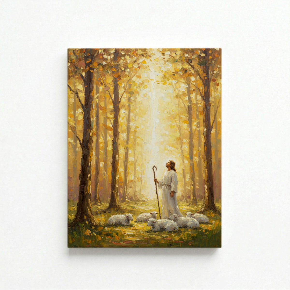 Vertical canvas of Jesus the Good Shepherd in golden autumn forest on a white background