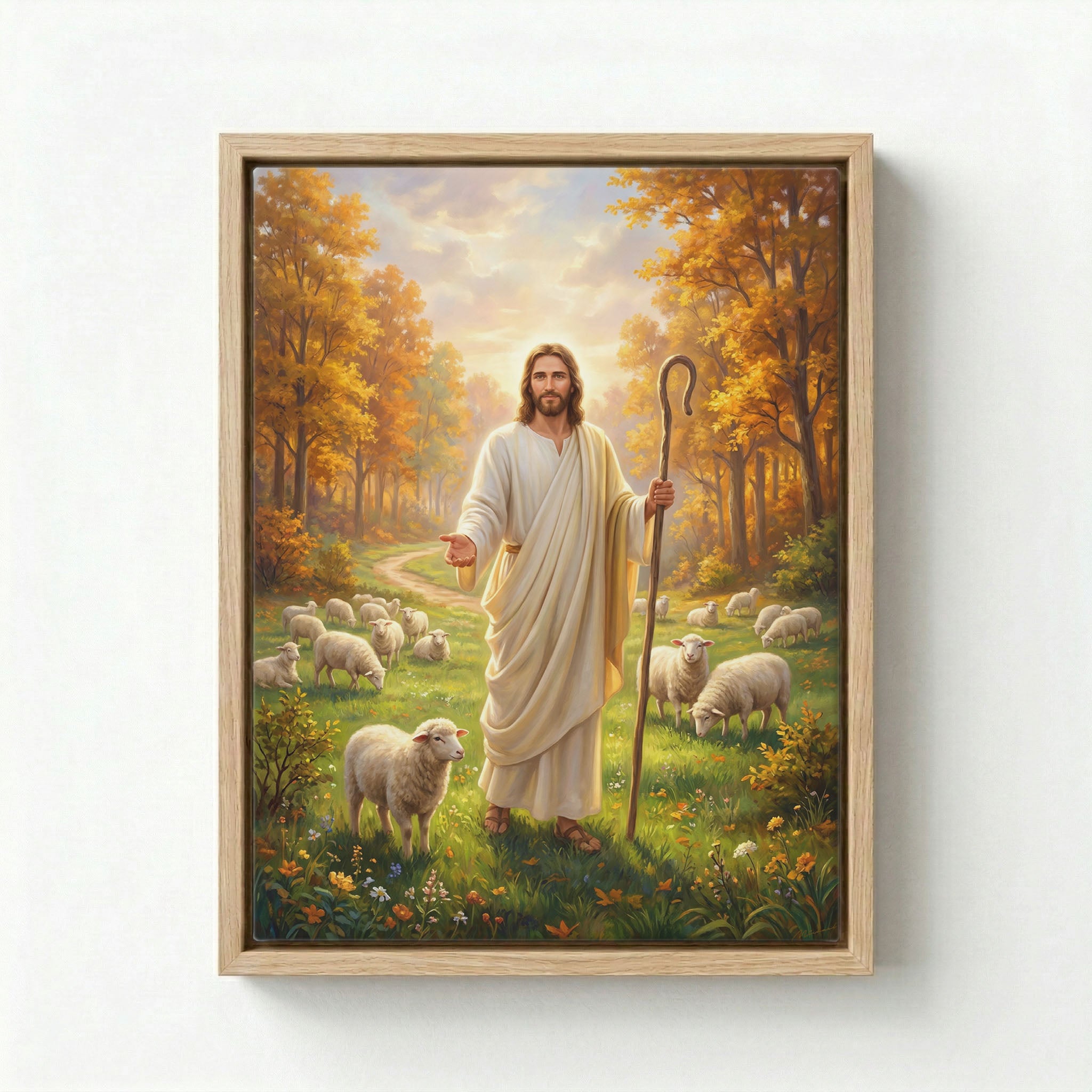 Canvas in natural wood floating frame with Jesus the Good Shepherd in a golden autumn forest