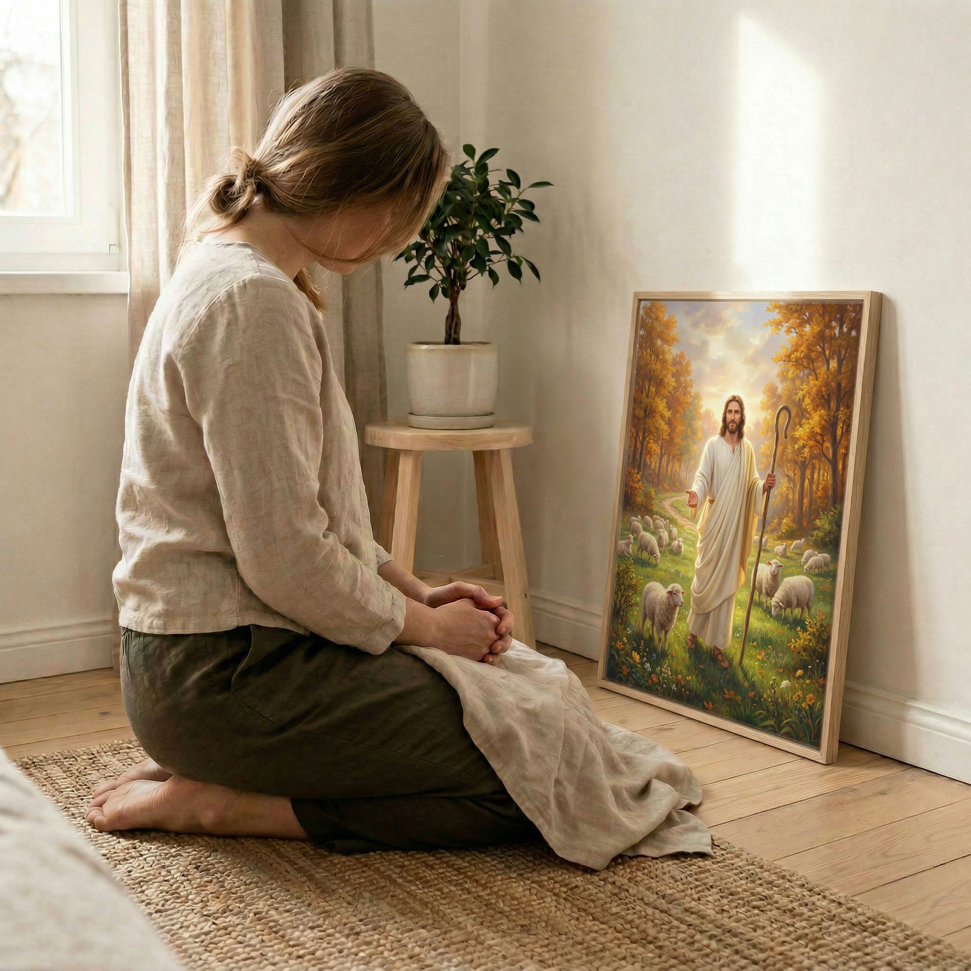 Woman kneeling in prayer beside Jesus Good Shepherd autumn canvas in wood frame with soft light