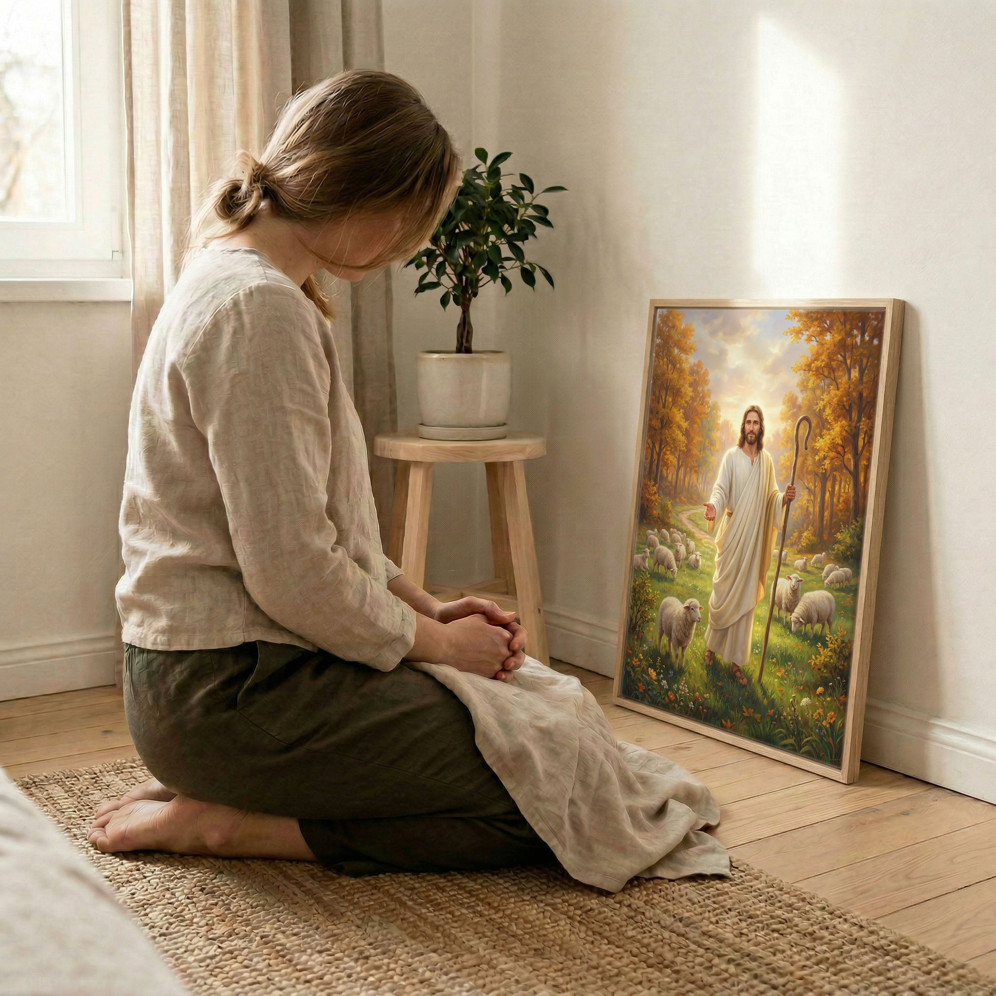 Woman kneeling in prayer beside Jesus Good Shepherd autumn canvas in wood frame with soft light